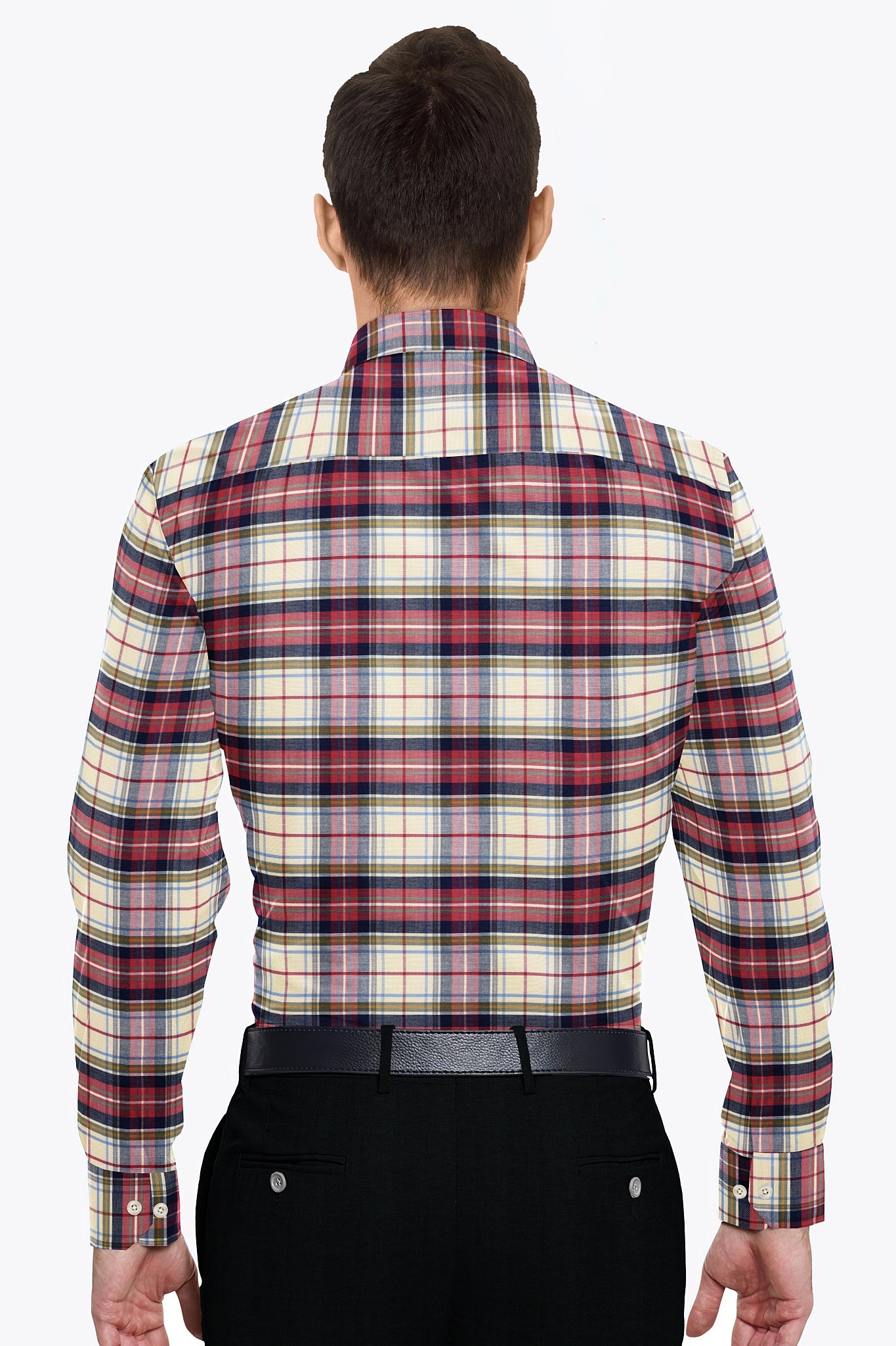 Cream with Cherry Red and Midnight Blue Checks Cotton Shirt