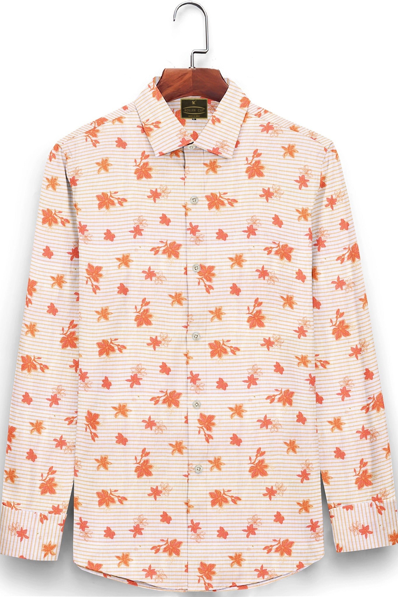 White and Clementine Orange Blackcurrant Leaf Printed Stripes Cotton Shirt