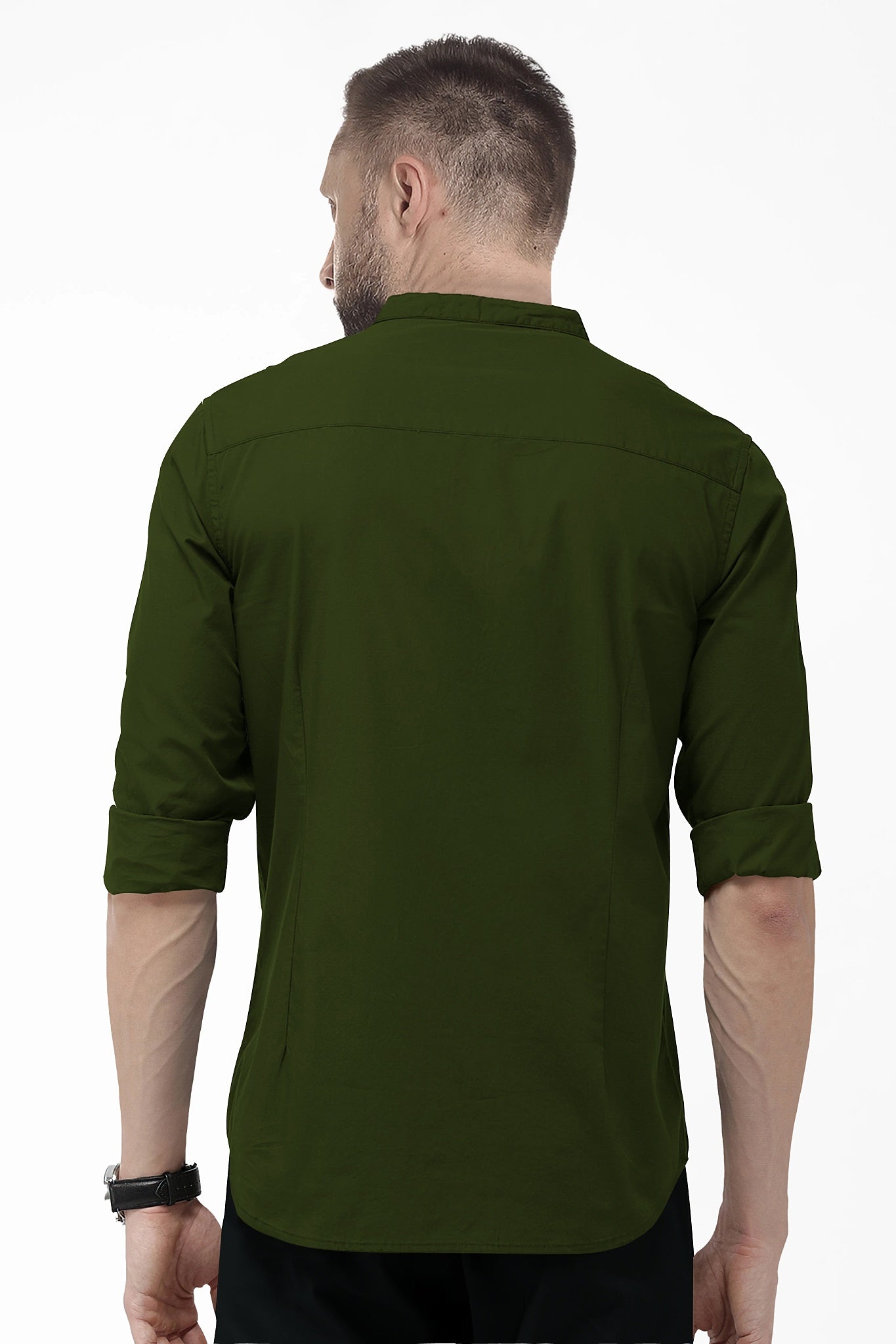 Basil Green Mandarin Collar Giza Cotton Shirt