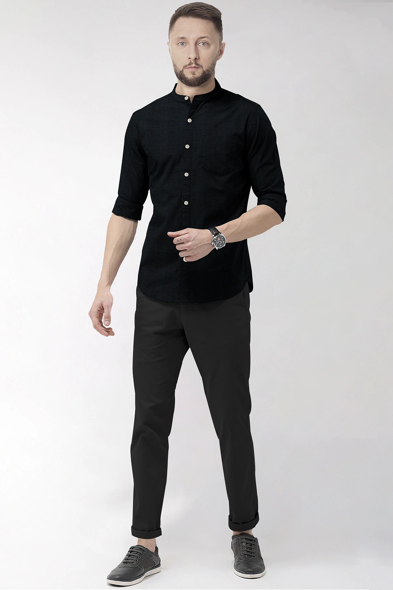 Jade Black Mandarin Collar Luxurious Linen Shirt