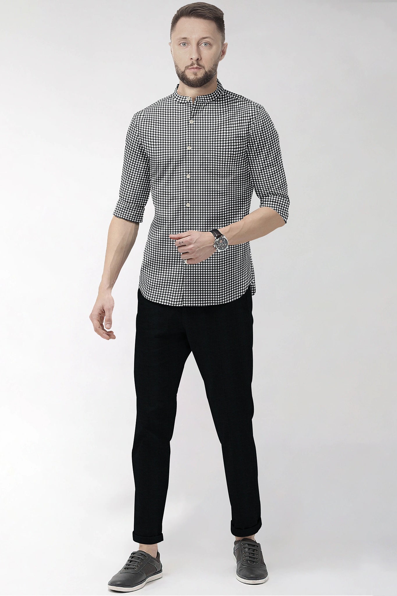 White With Jade Black Gingham Checks Mandarin Collar Cotton Shirt