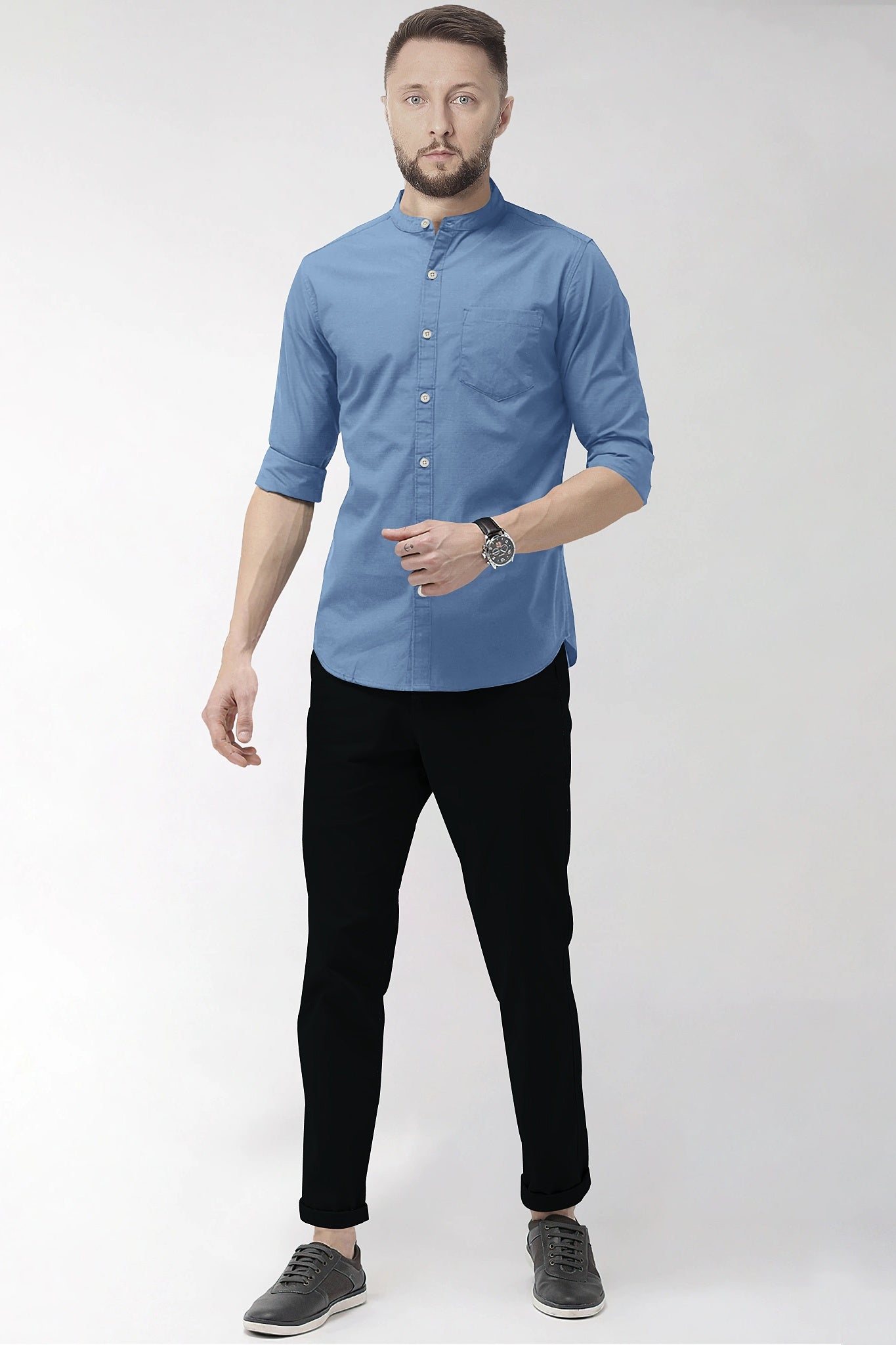 Lichen Blue Mandarin Giza Cotton Shirt