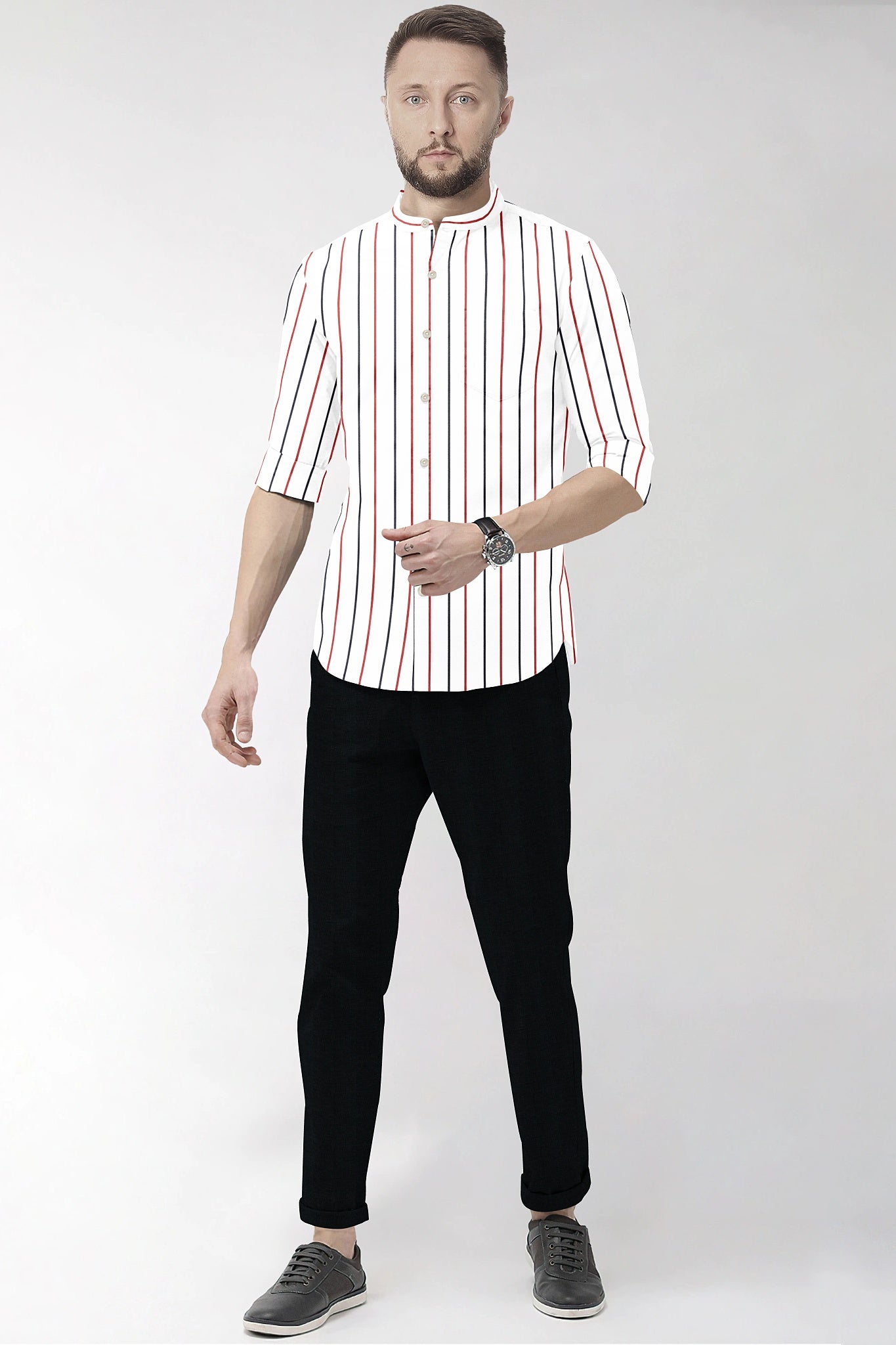 White with Scarlet Red and Navy Stripes Mandarin Collar Cotton Shirt