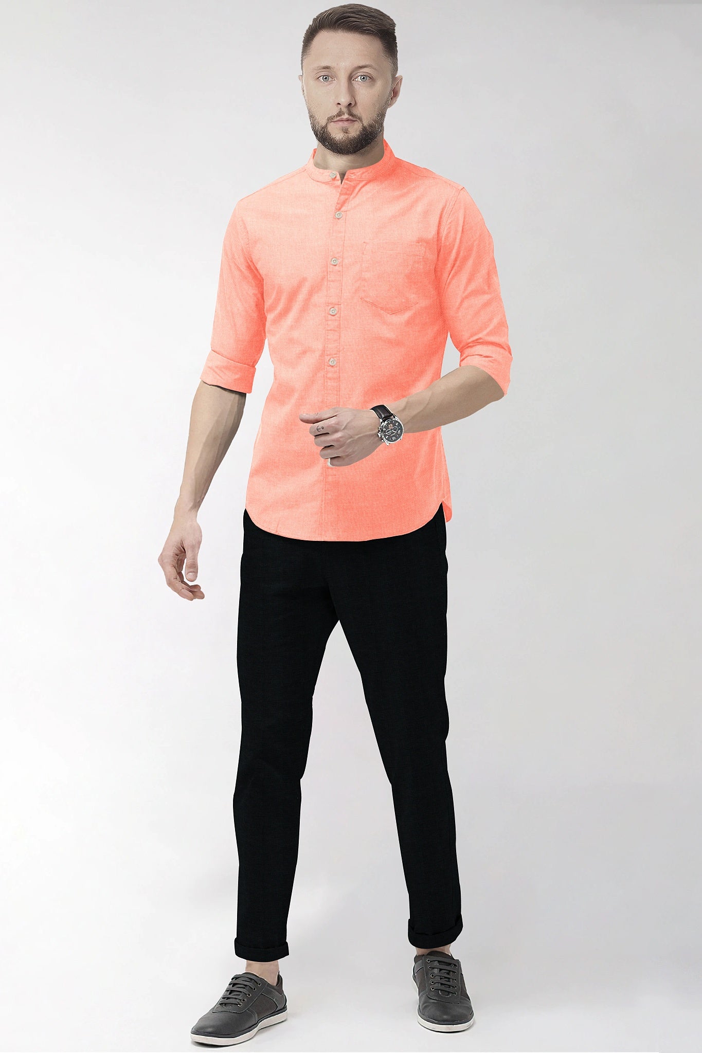Celosia Orange Mandarin Collar Plain Oxford Cotton Formal Shirt