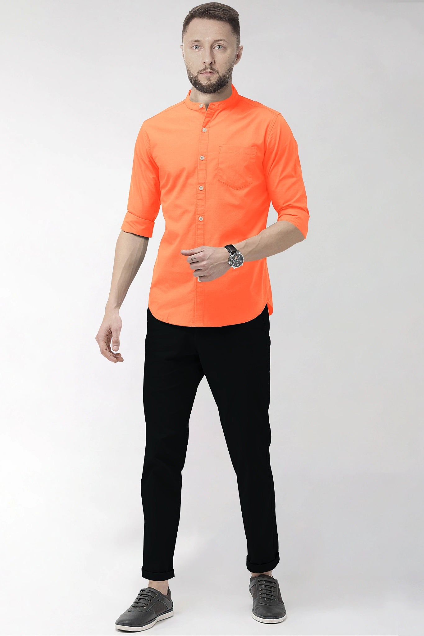 Persimmon Orange Mandarin Collar Giza Cotton Shirt