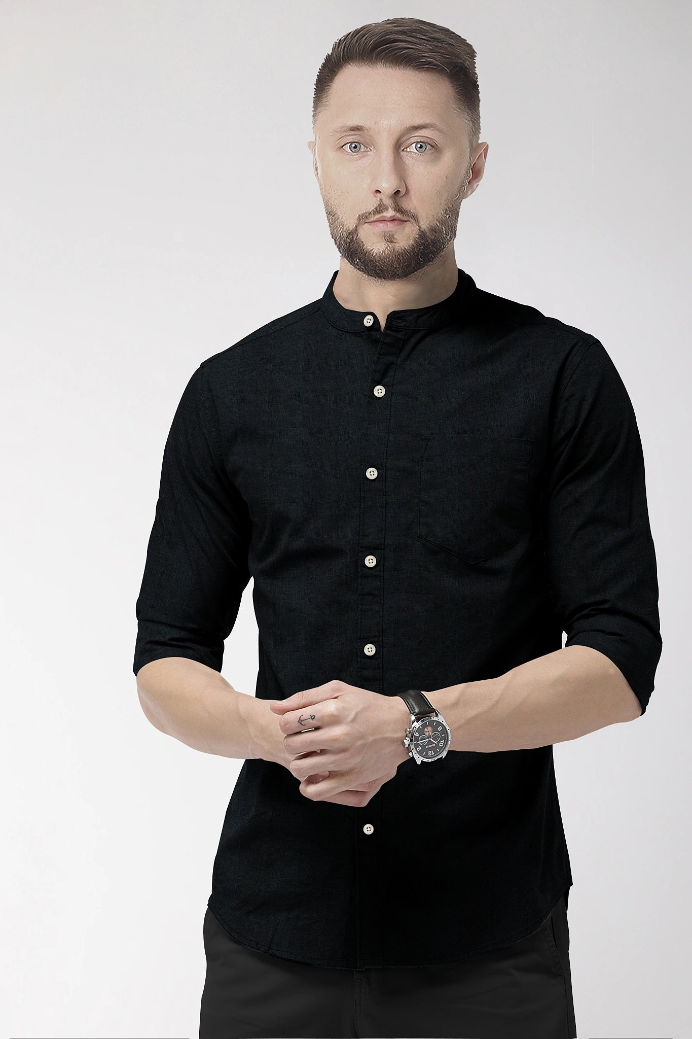Jade Black Mandarin Collar Luxurious Linen Shirt