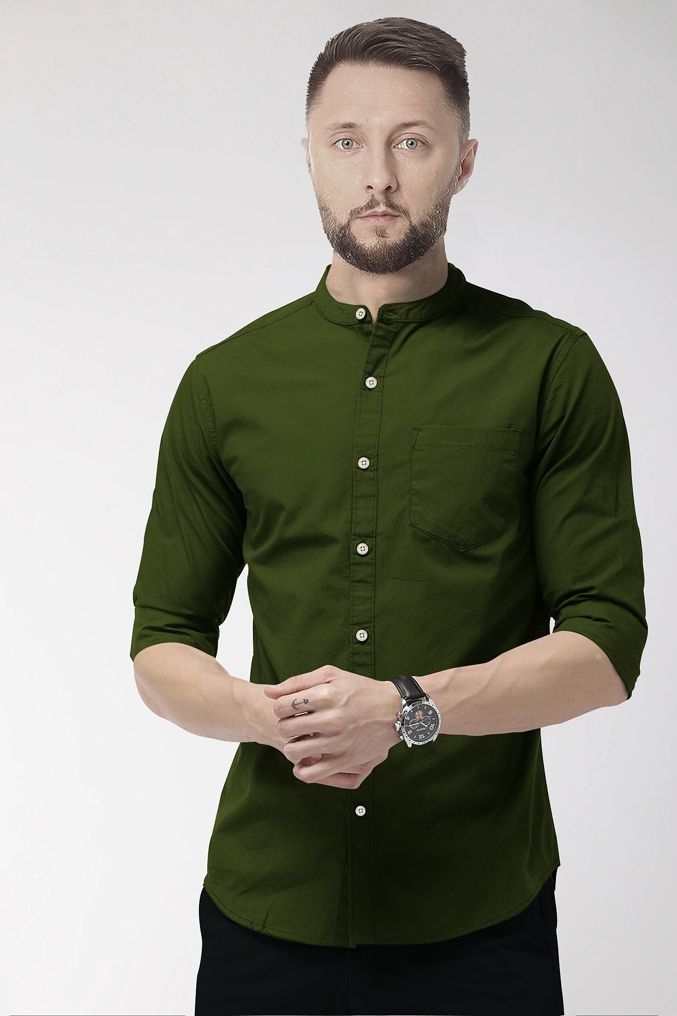 Basil Green Mandarin Collar Giza Cotton Shirt