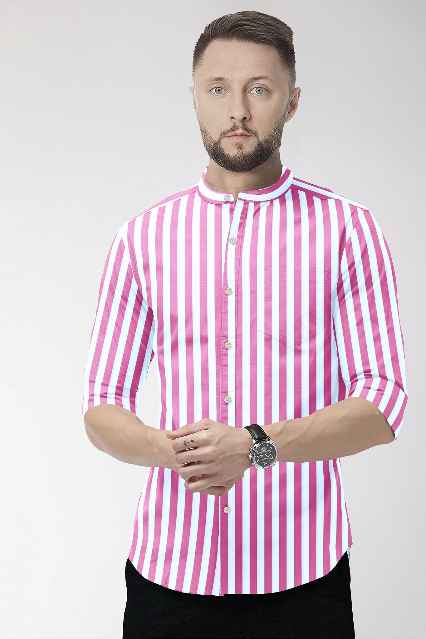 Phlox Pink and White Awning Stripes Mandarin Collar Cotton Shirt