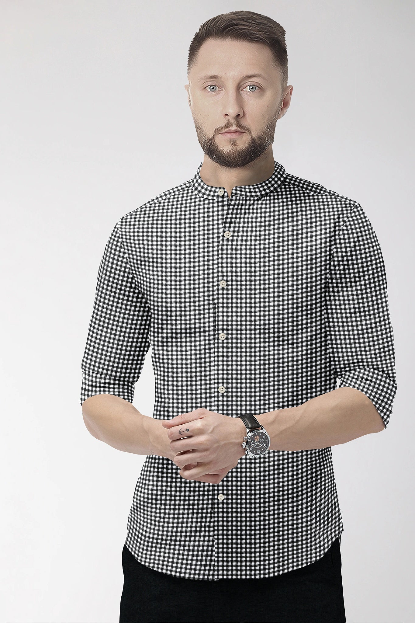 White With Jade Black Gingham Checks Mandarin Collar Cotton Shirt