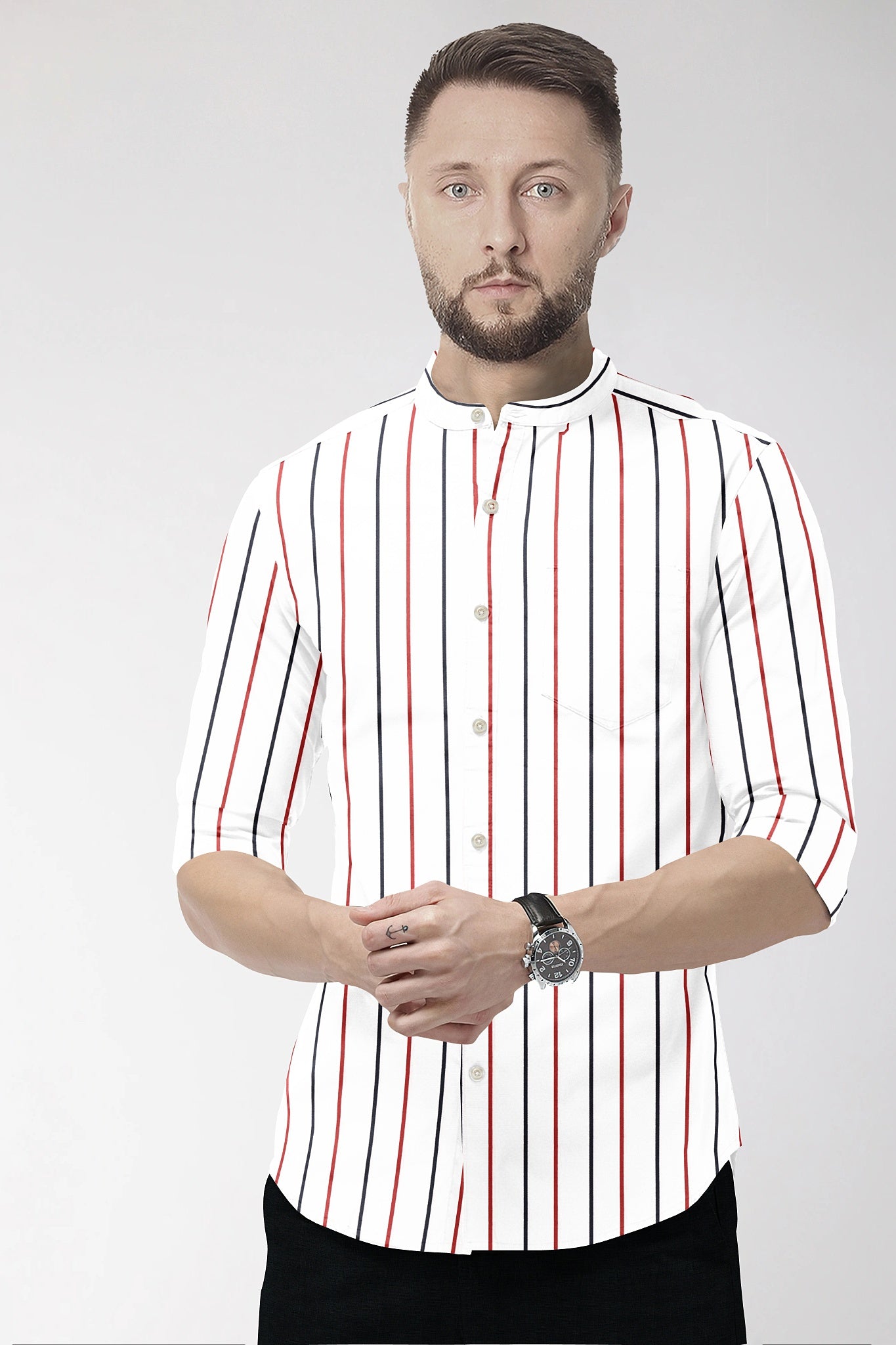 White with Scarlet Red and Navy Stripes Mandarin Collar Cotton Shirt