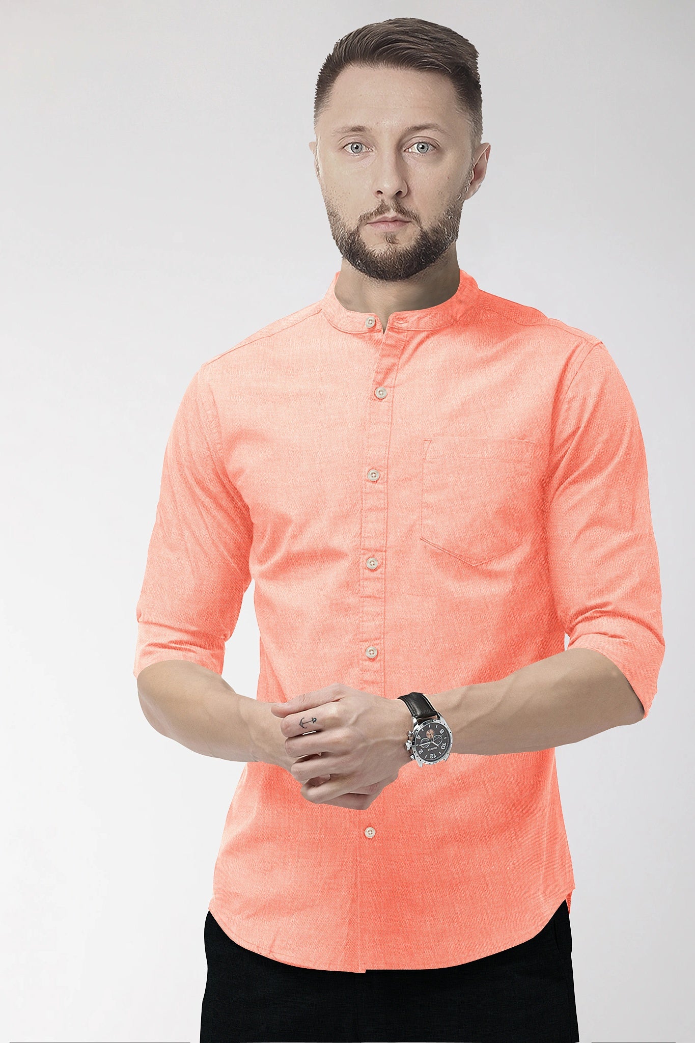 Celosia Orange Mandarin Collar Plain Oxford Cotton Formal Shirt