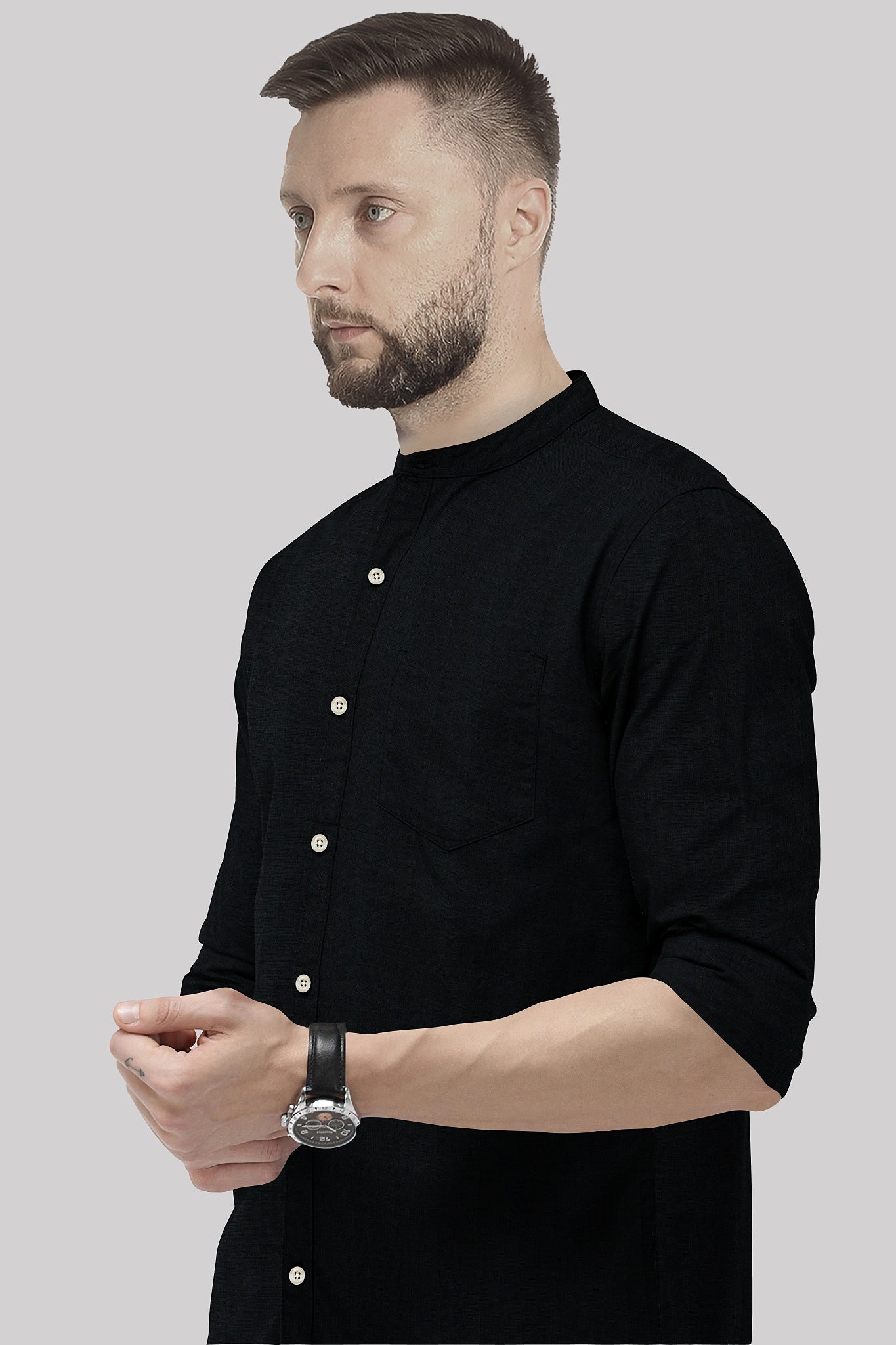 Jade Black Mandarin Collar Luxurious Linen Shirt