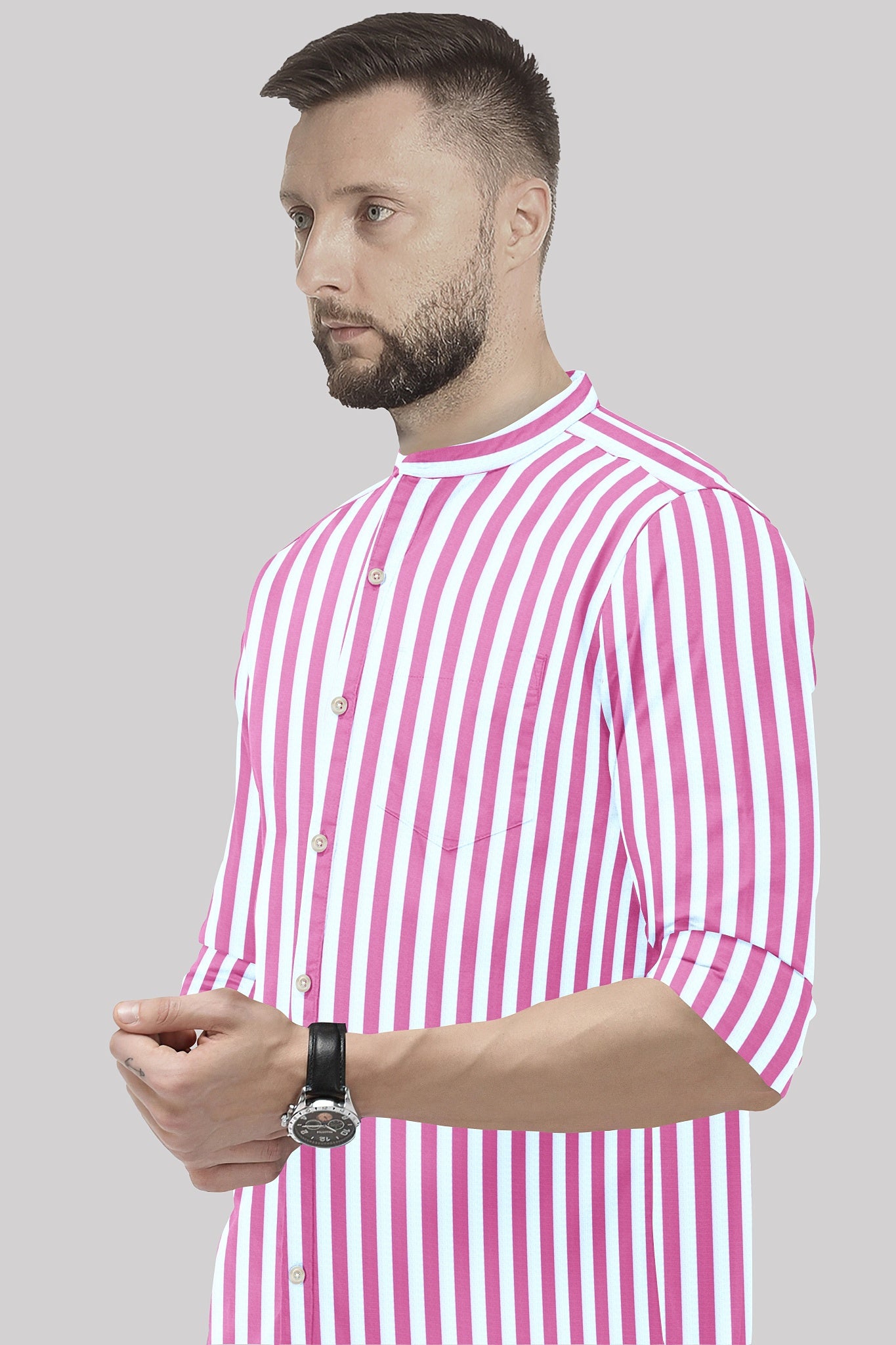 Phlox Pink and White Awning Stripes Mandarin Collar Cotton Shirt