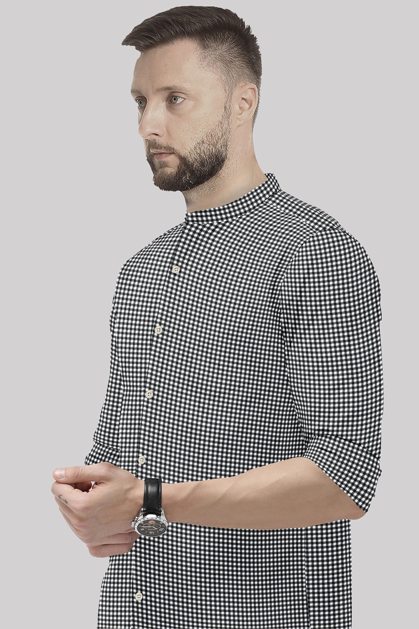 White With Jade Black Gingham Checks Mandarin Collar Cotton Shirt