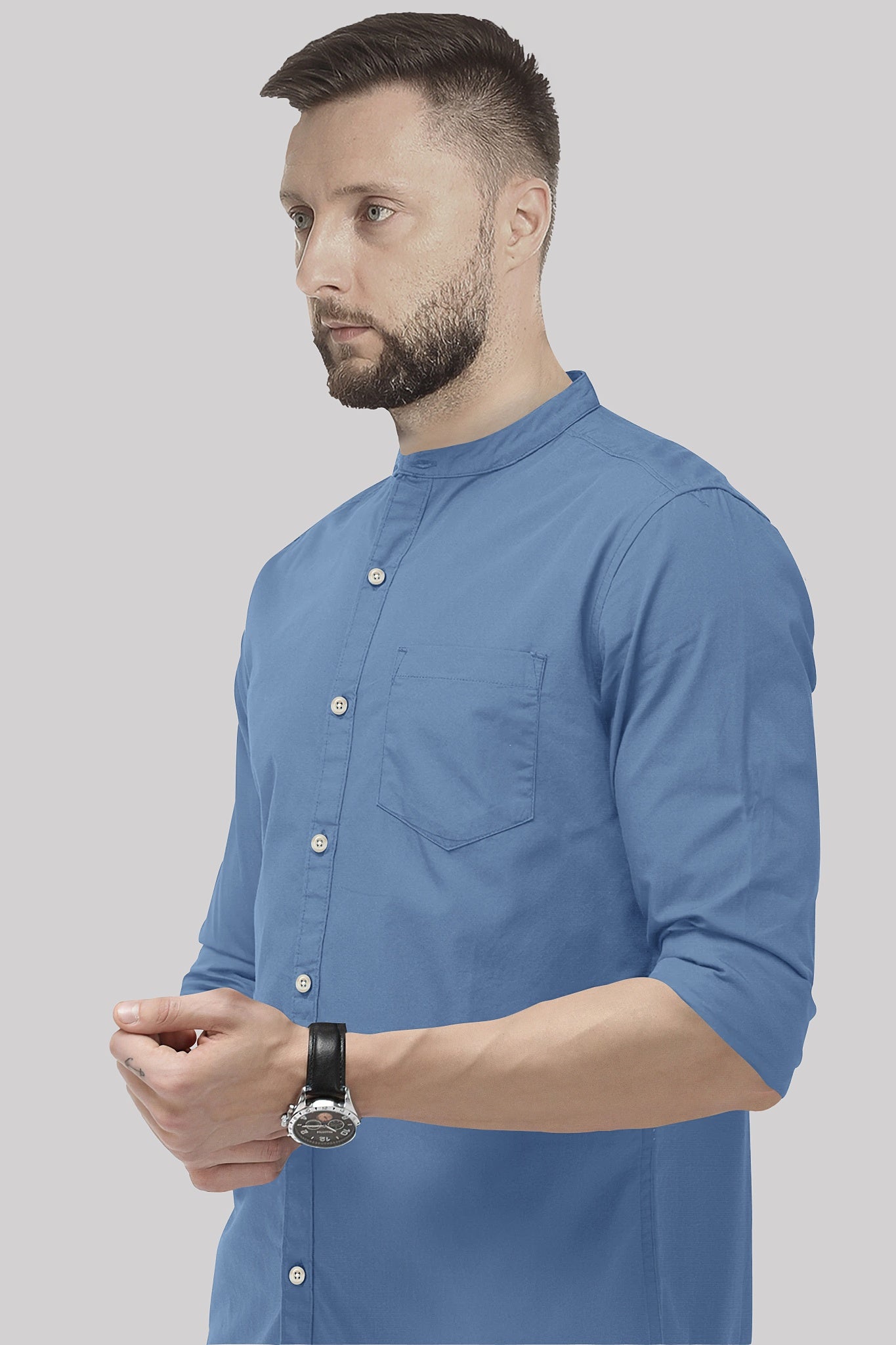 Lichen Blue Mandarin Giza Cotton Shirt