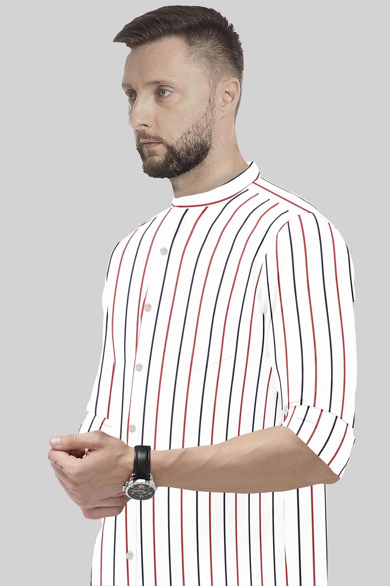 White with Scarlet Red and Navy Stripes Mandarin Collar Cotton Shirt