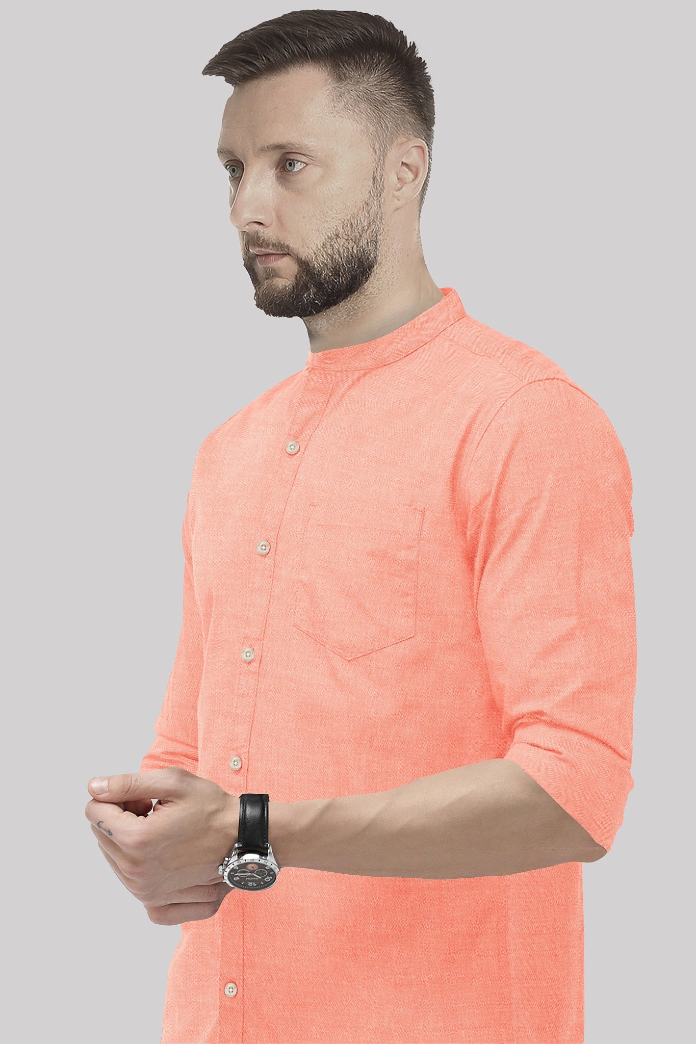 Celosia Orange Mandarin Collar Plain Oxford Cotton Formal Shirt