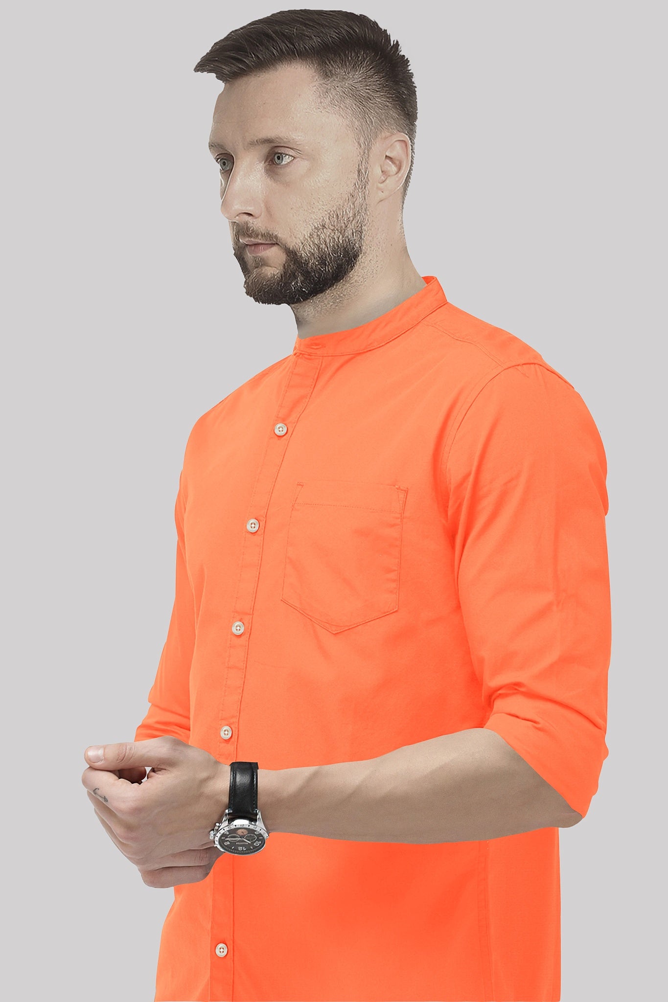 Persimmon Orange Mandarin Collar Giza Cotton Shirt