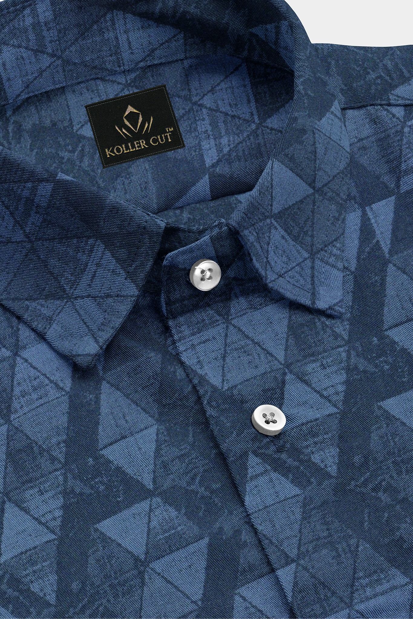 Glaucus Blue and Spruce Blue Jacquard Triangle Printed Egyptian Giza Cotton Shirt