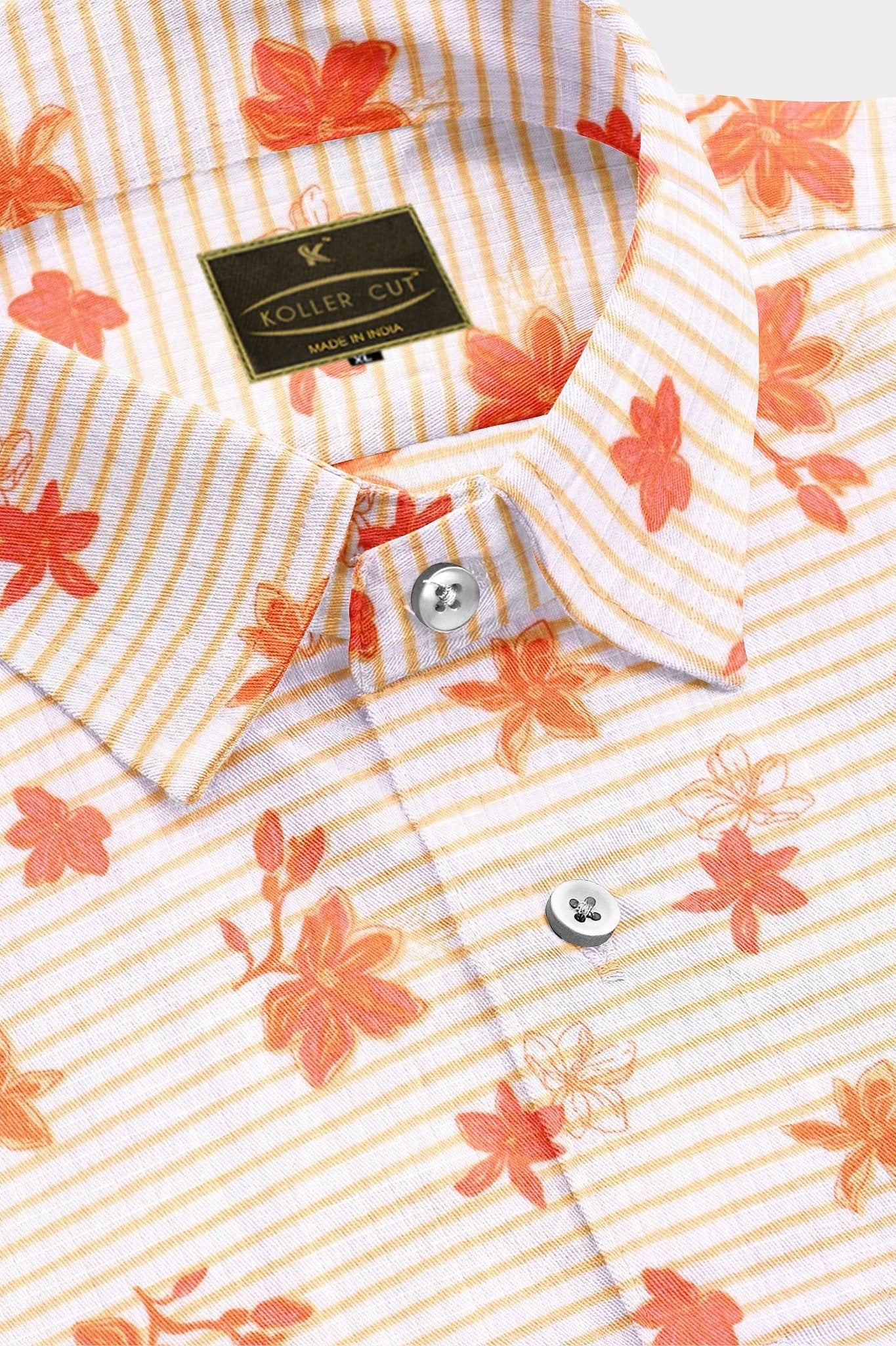 White and Clementine Orange Blackcurrant Leaf Printed Stripes Cotton Shirt