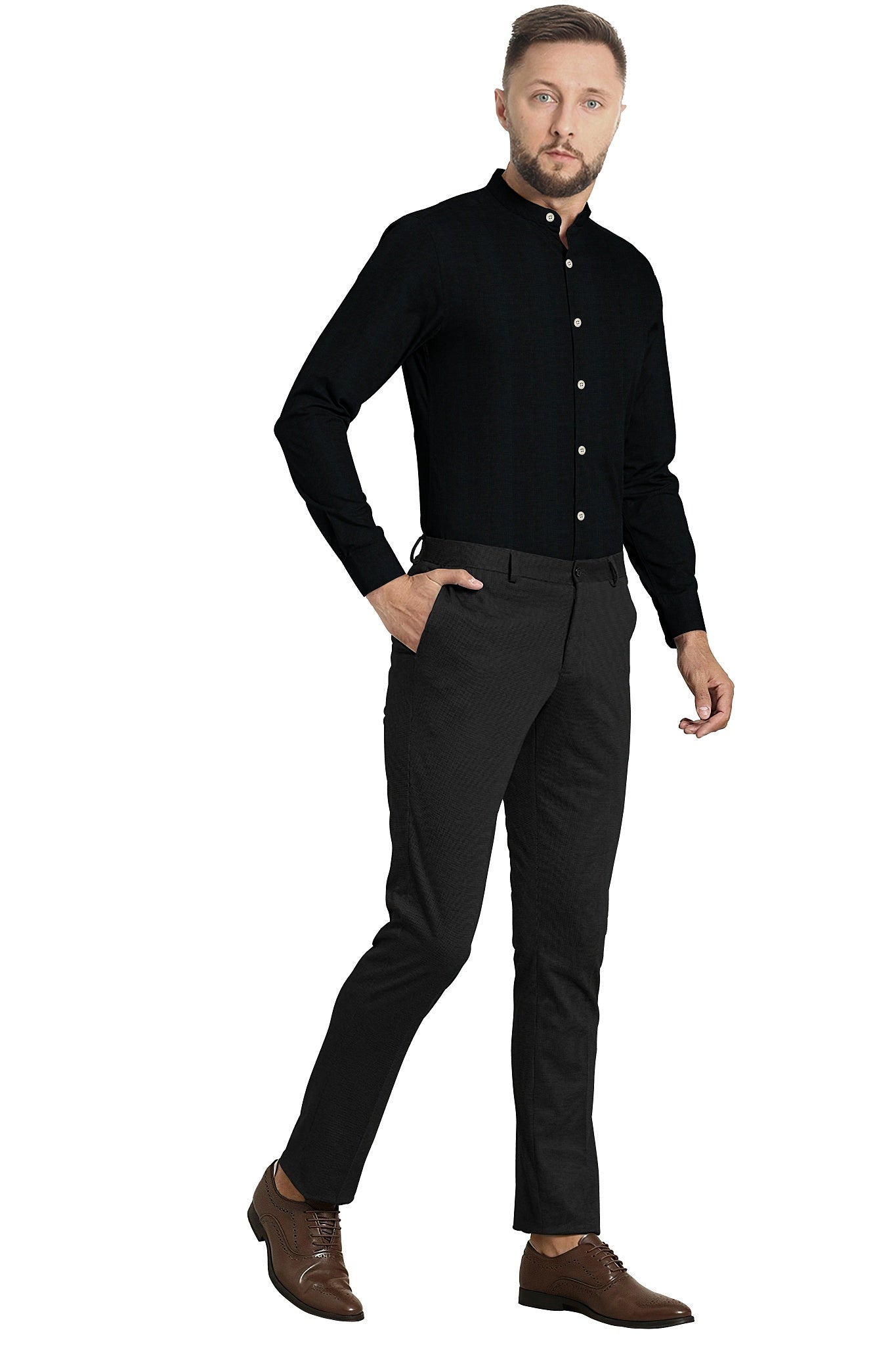 Jade Black Mandarin Collar Luxurious Linen Shirt