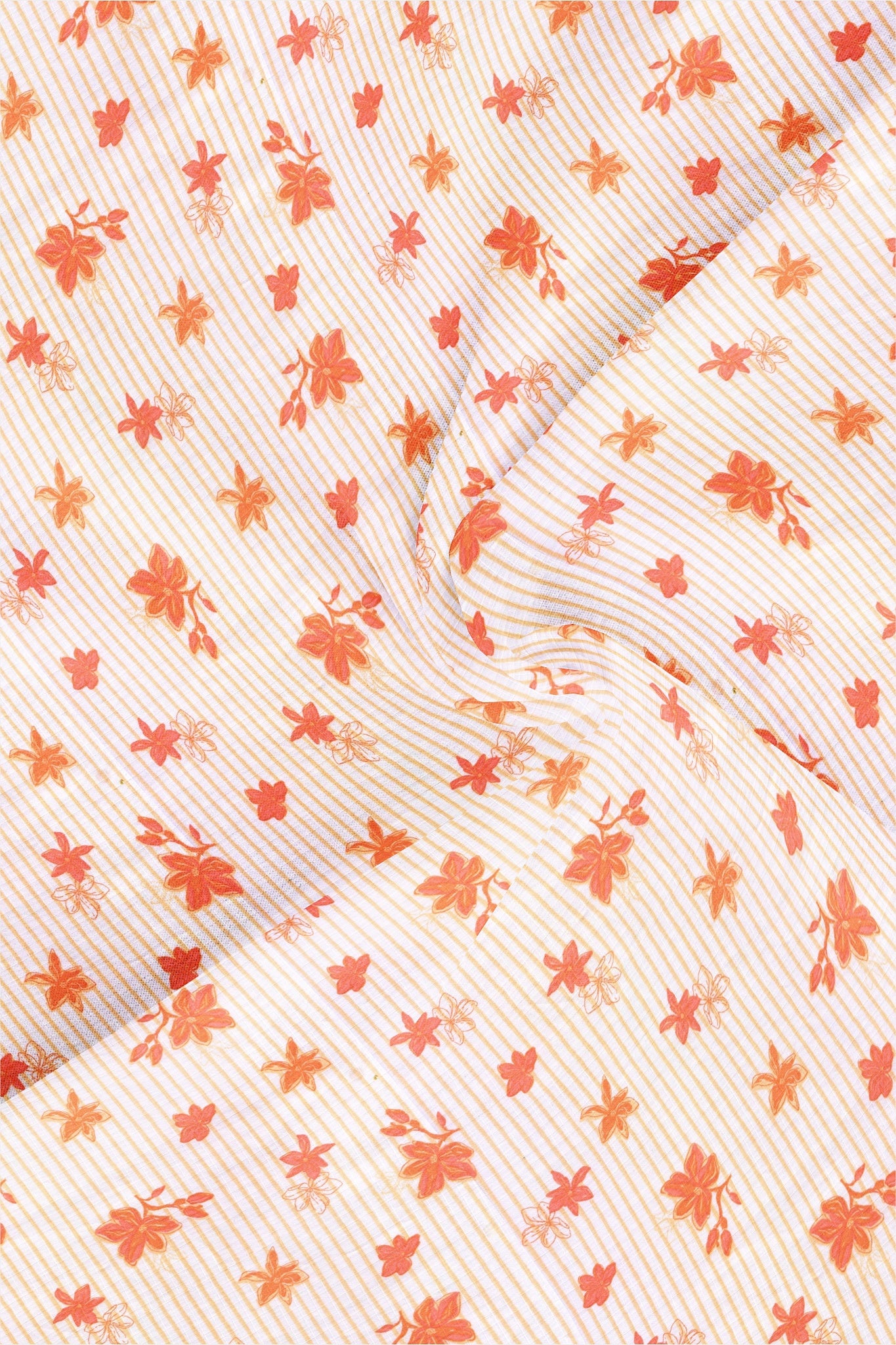 White and Clementine Orange Blackcurrant Leaf Printed Stripes Cotton Shirt