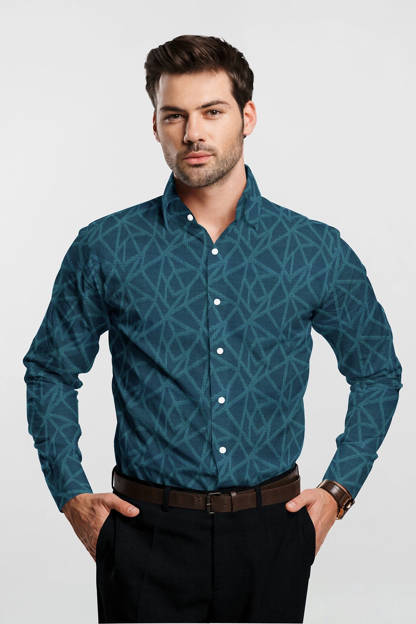 Teal Blue and Turquoise Blue Abstract Jacquard Print Egyptian Giza Cotton Shirt