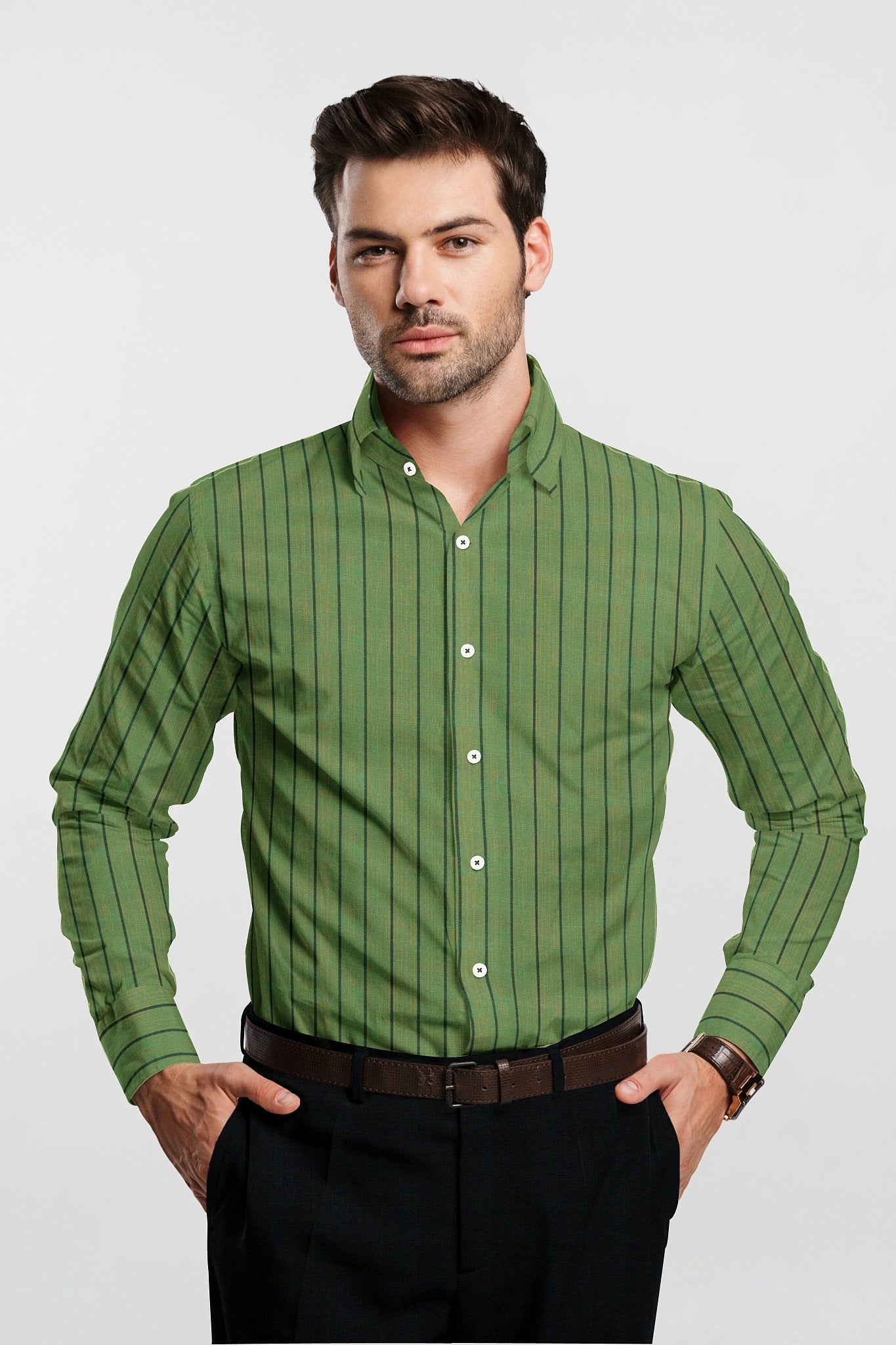 Parrot Green and Yellow Chalk Stripes Linen Shirt