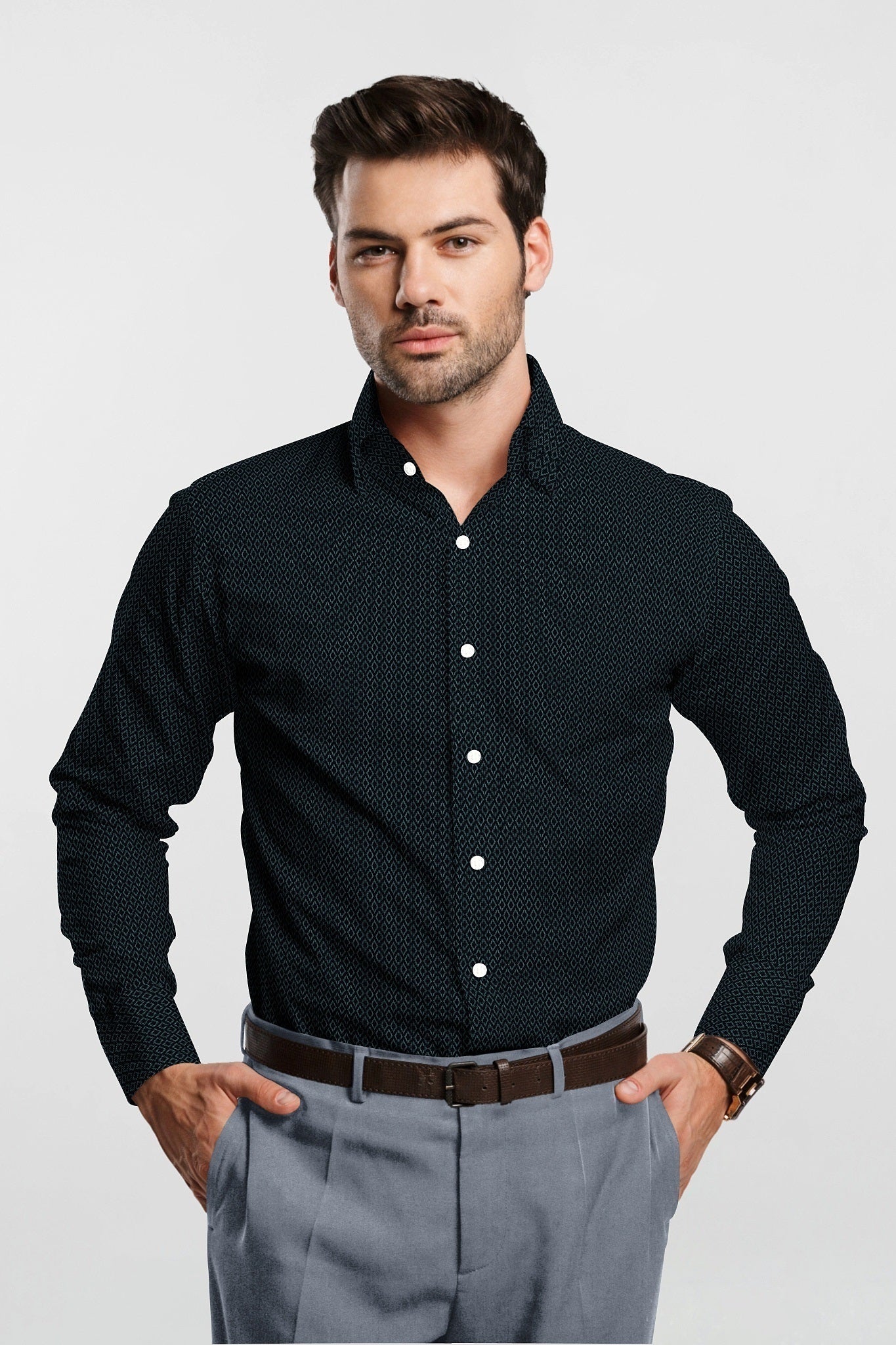 Obsidian Black and Vallarta Blue Diamond Printed Cotton Shirt