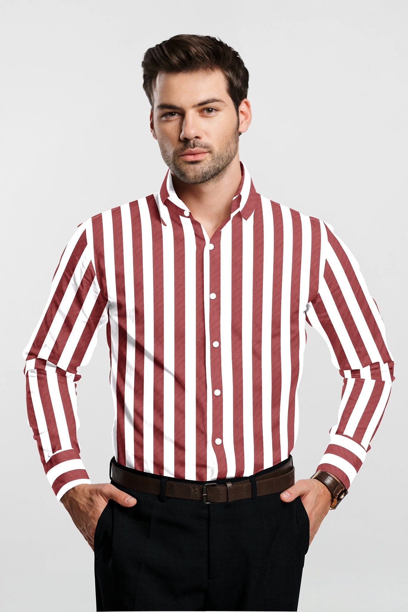 White and Brick Red Awning Stripes Cotton Shirt