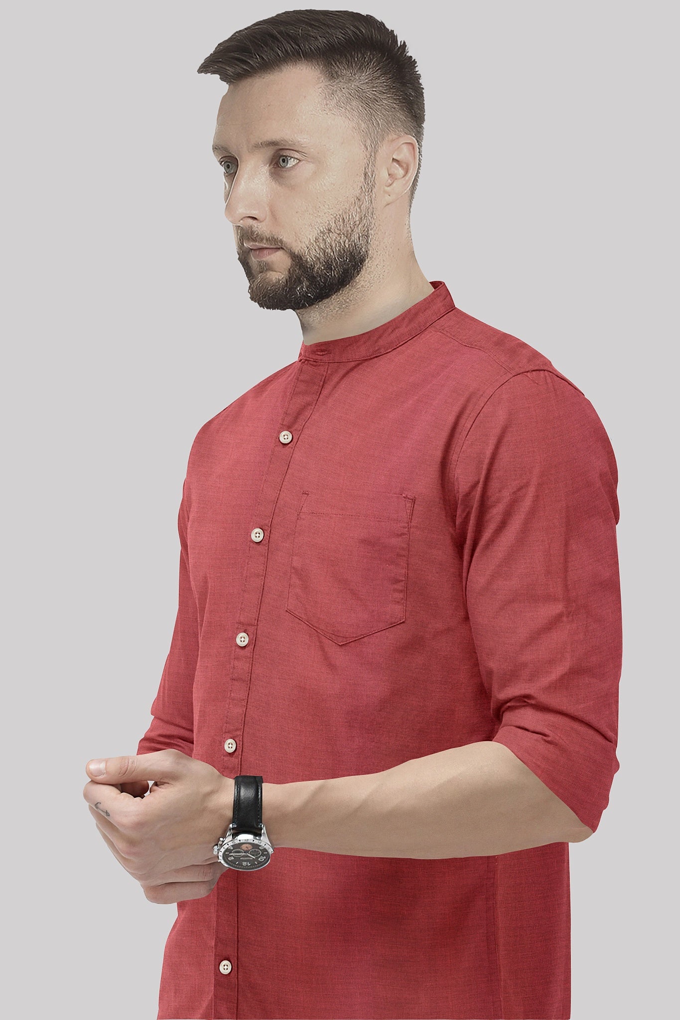 Raspberry Red Mandarin Collar Luxurious Linen Shirt