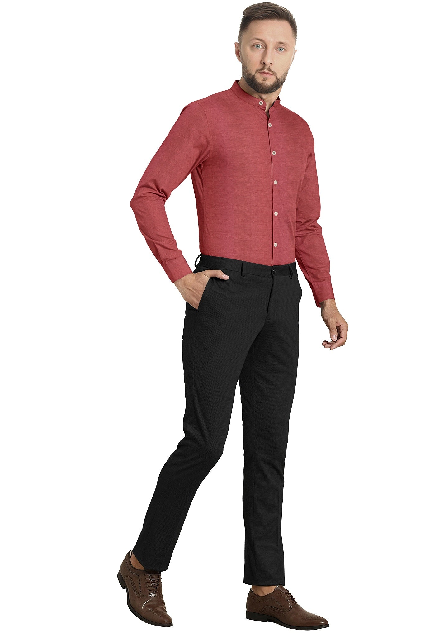 Raspberry Red Mandarin Collar Luxurious Linen Shirt