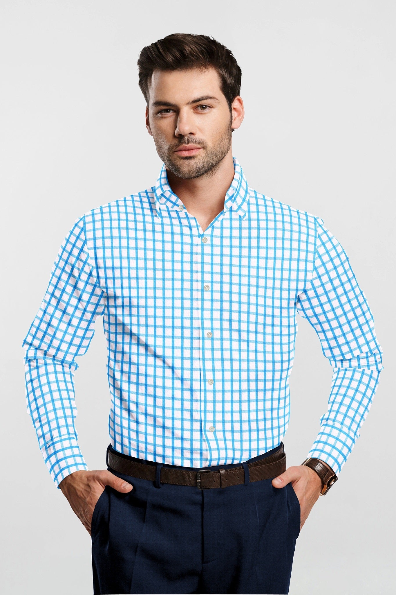 Celadon Blue and White Windowpane Checks Cotton Linen Shirt