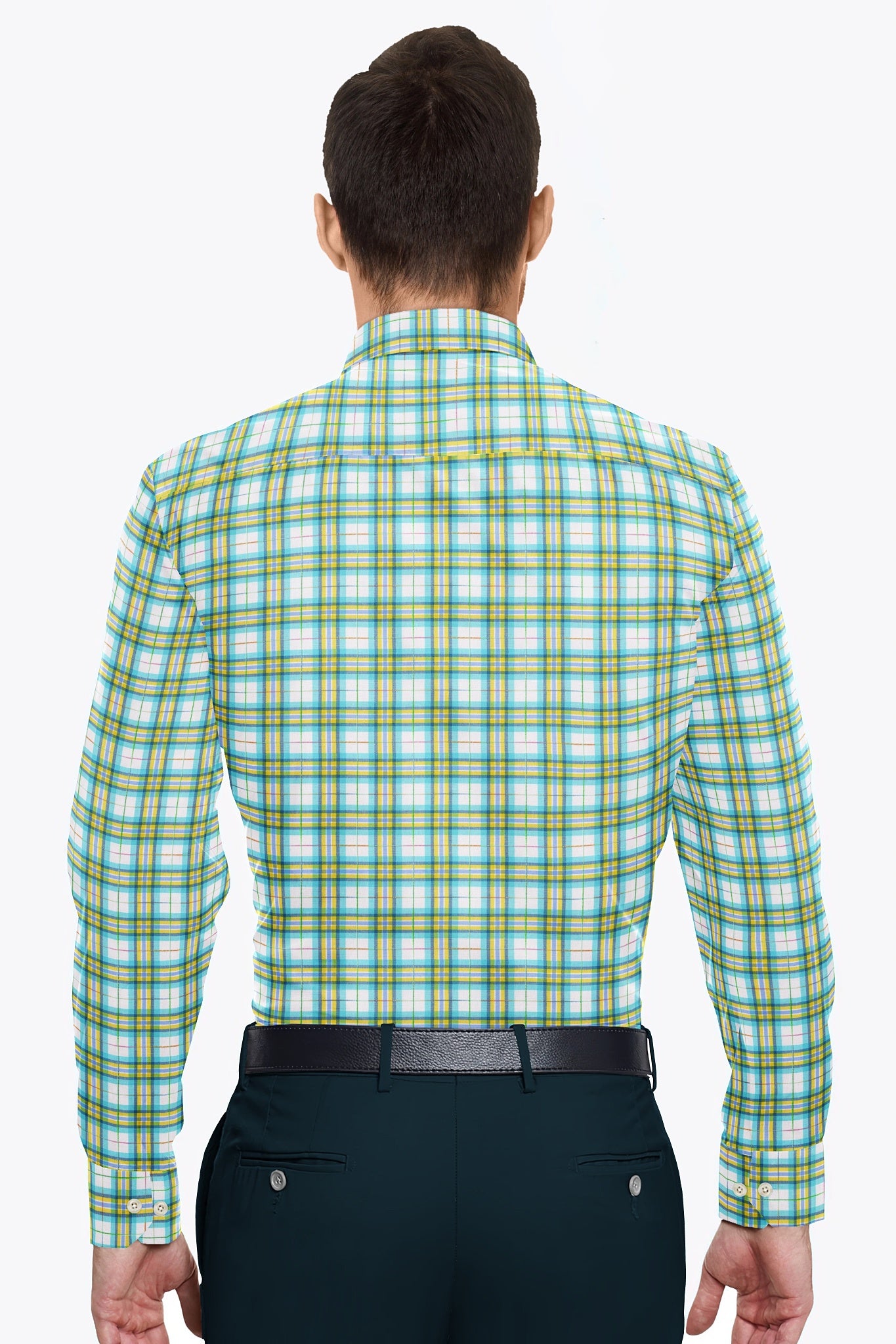 White with Cadmium Yellow and Aqua Blue Checks Cotton Shirt