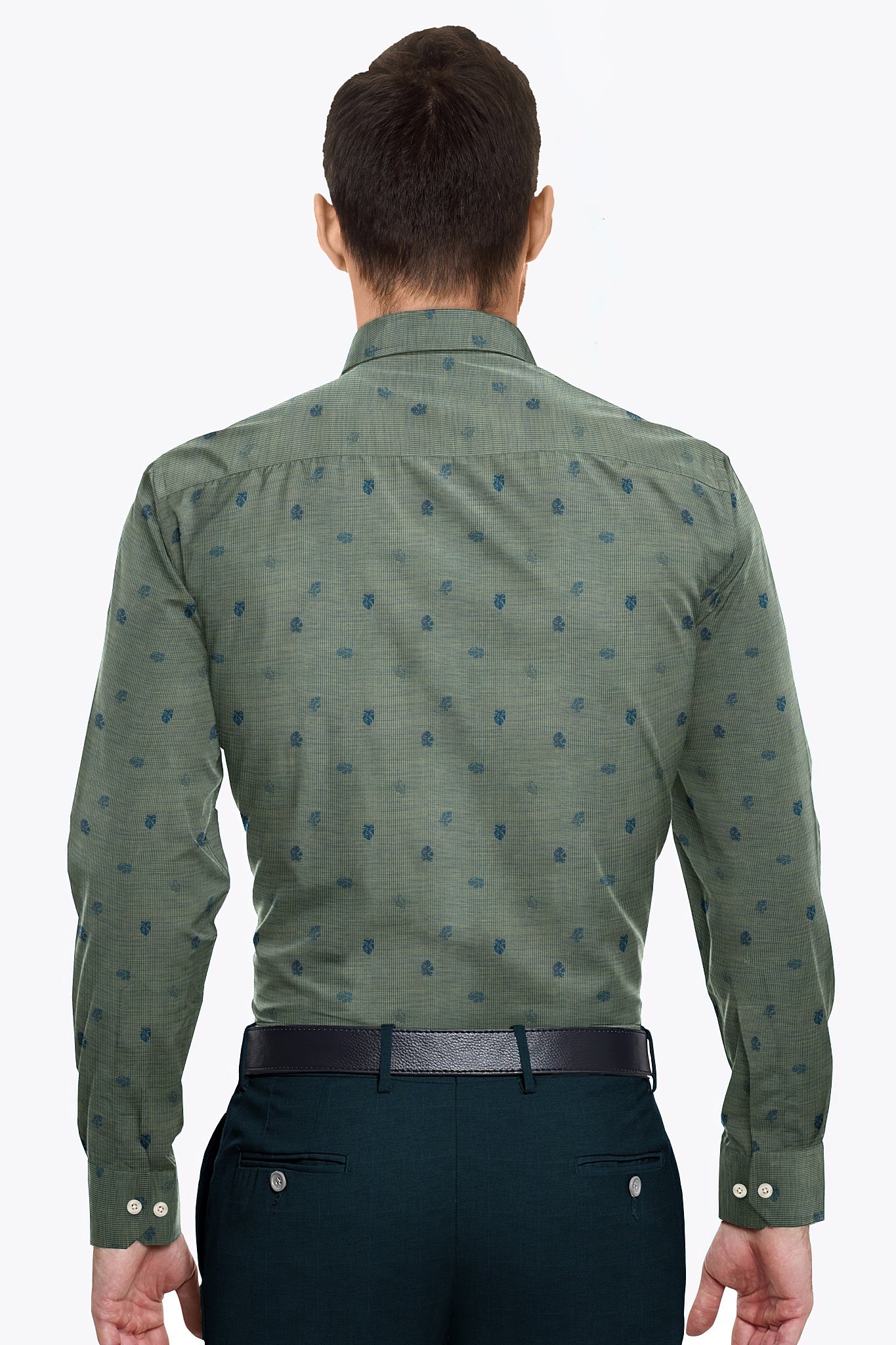 Prussian Blue and Light Fawn Jacquard Leaf Printed Pinstriped Giza Cotton Shirt