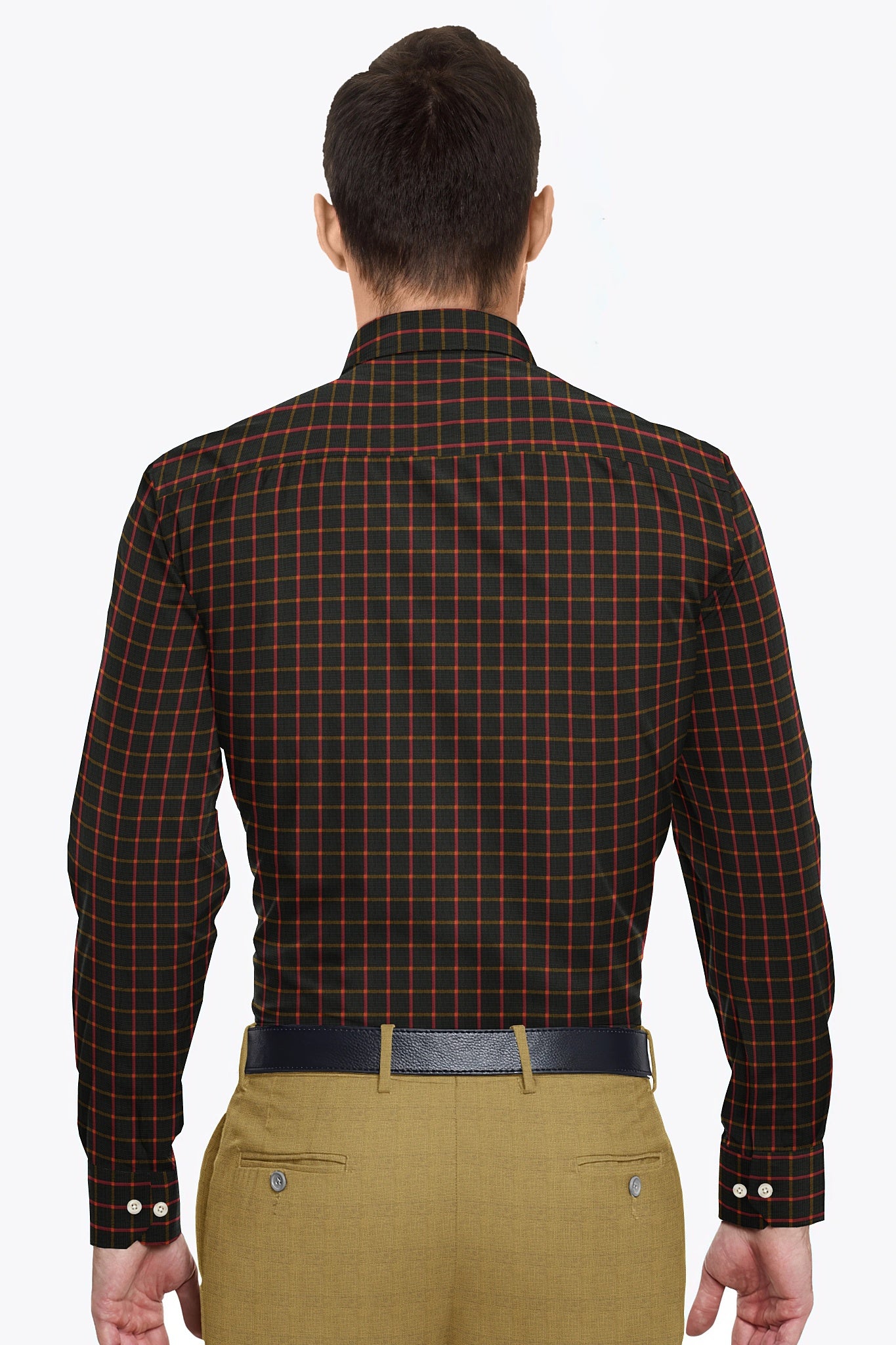 Jade Black with Hibiscus Red and Ochre Yellow Windowpane Checks Premium Cotton Shirt