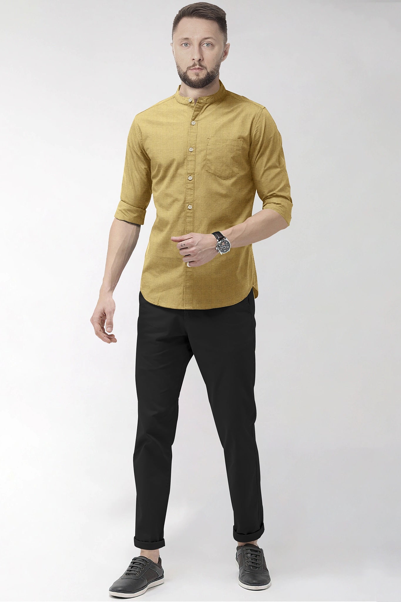 Dijon Mustard Mandarin Collar Luxurious Linen Shirt