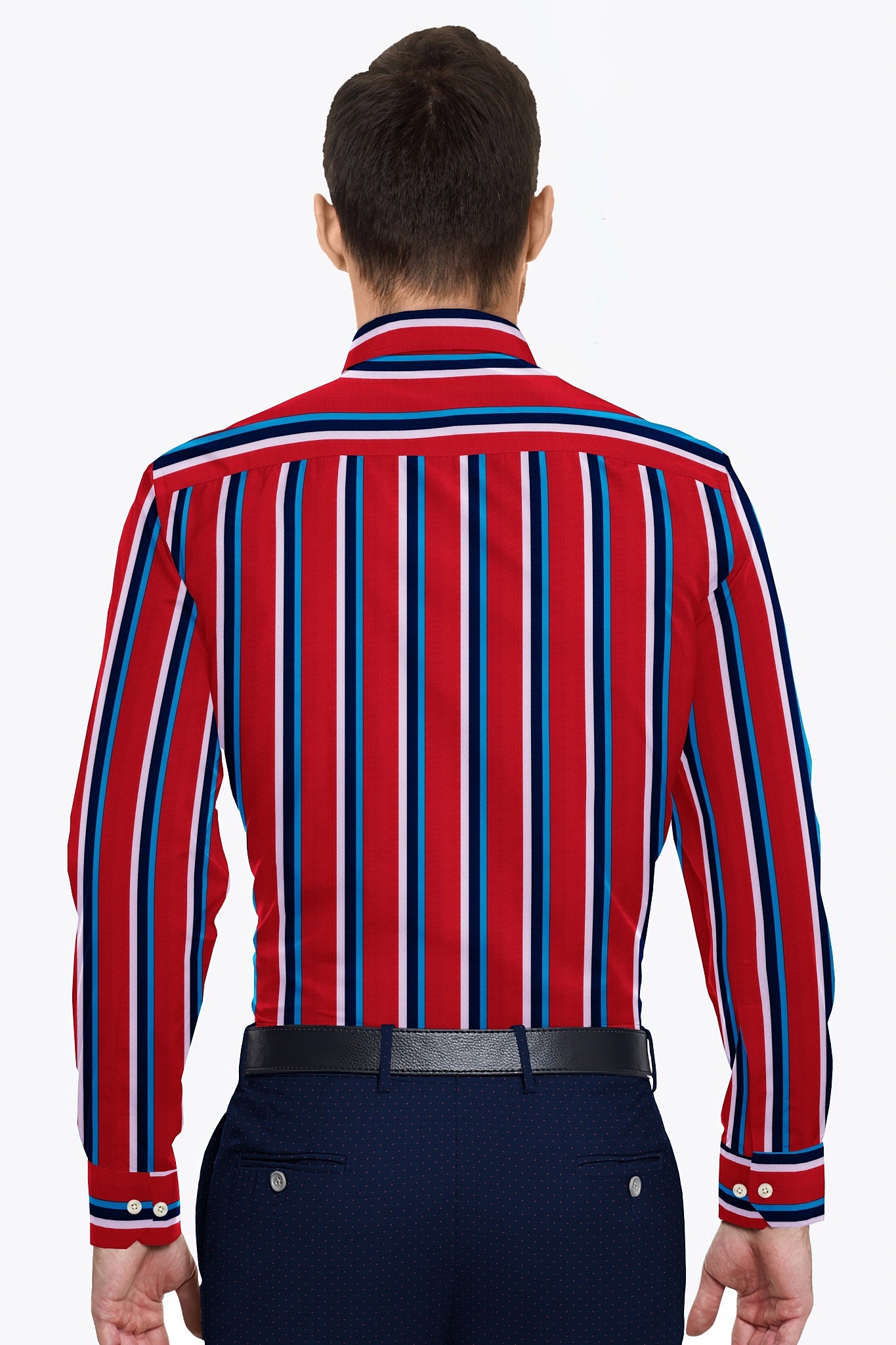 Crimson Red with White, Navy and Sapphire Blue Wide Stripes Men's Cotton Shirt