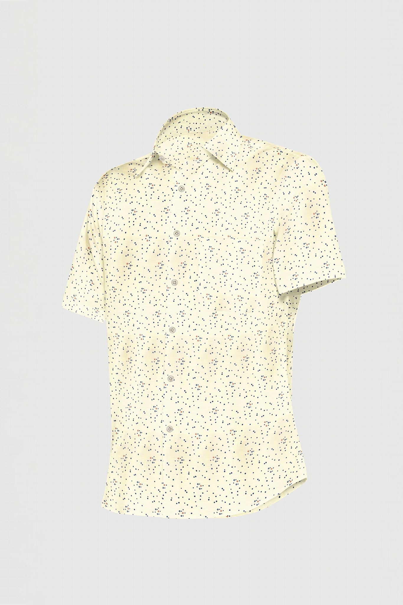 White with Navy and Red Dot Glitter Pattern Printed Linen Cotton Shirt