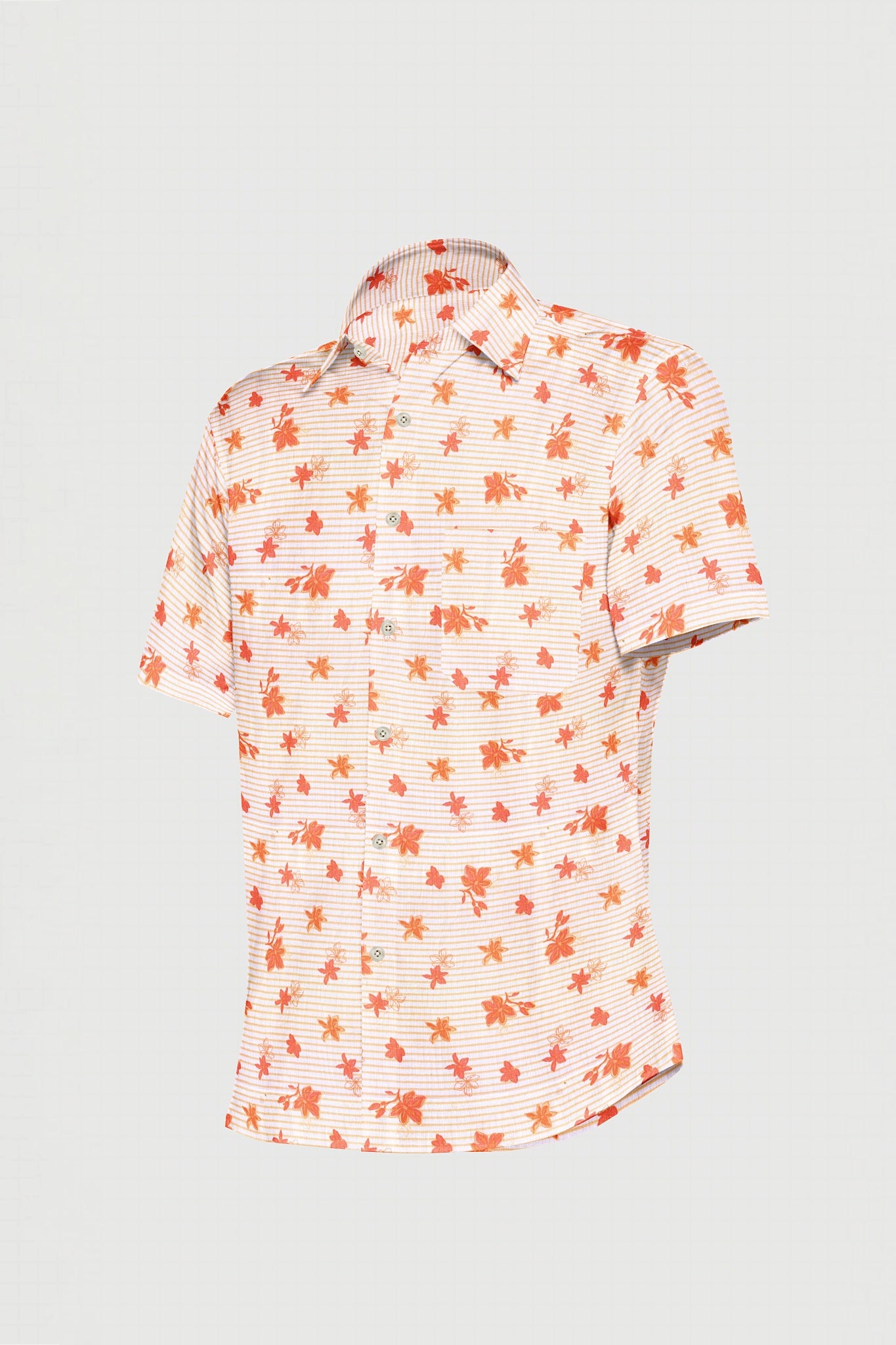 White and Clementine Orange Blackcurrant Leaf Printed Stripes Cotton Shirt