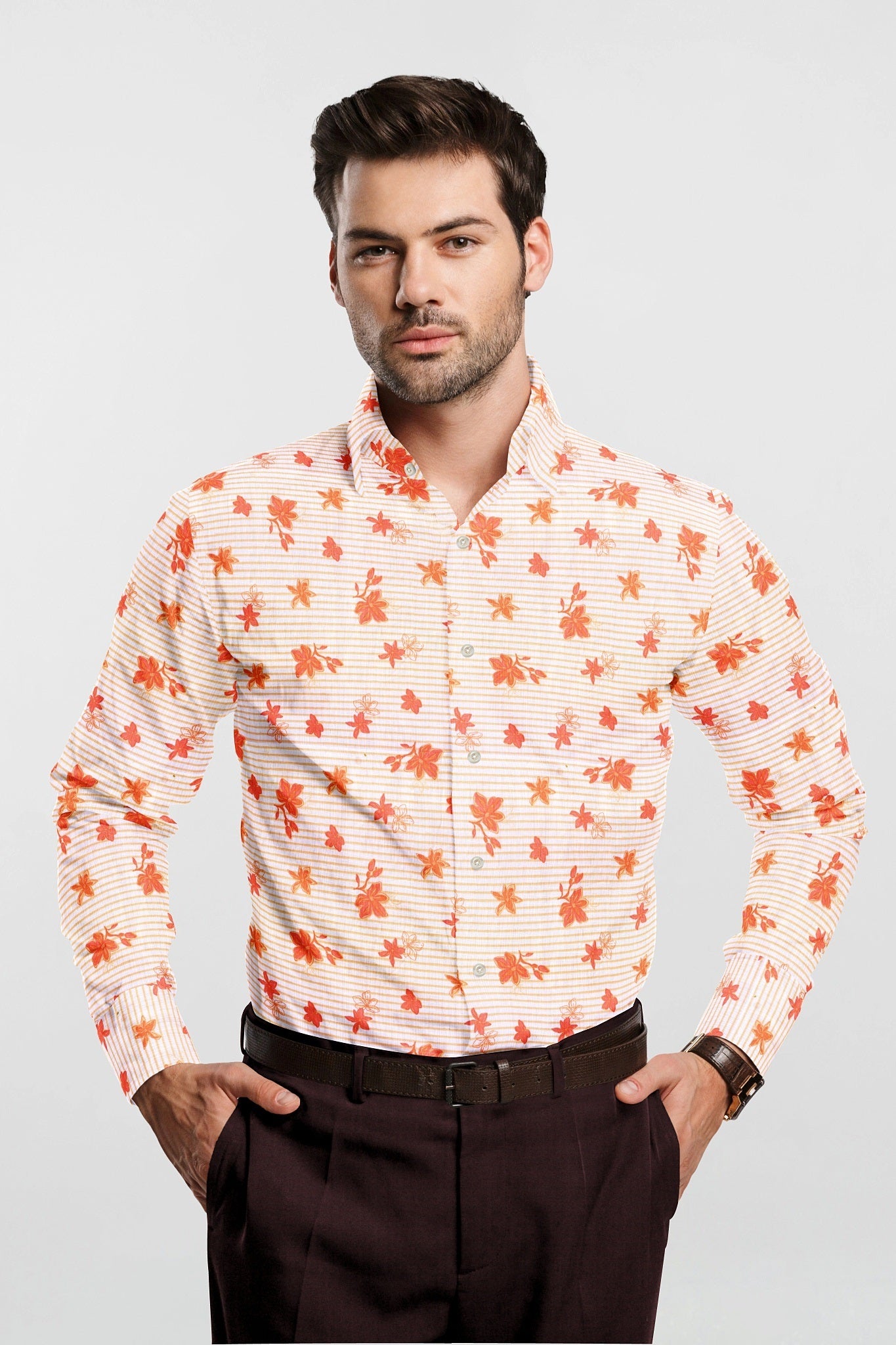 White and Clementine Orange Blackcurrant Leaf Printed Stripes Cotton Shirt