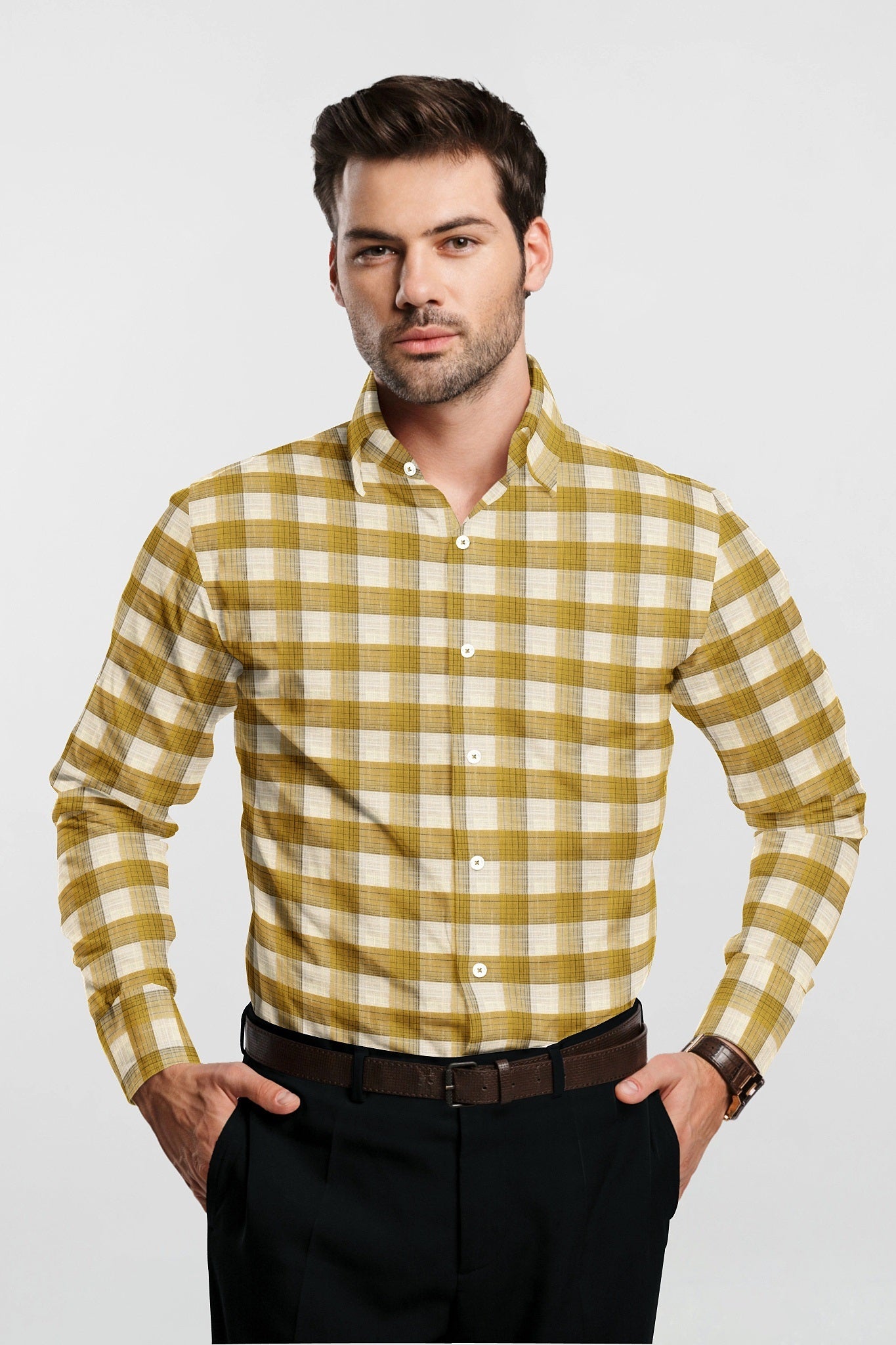 White with Beige and Biscotti Checks Linen Shirt