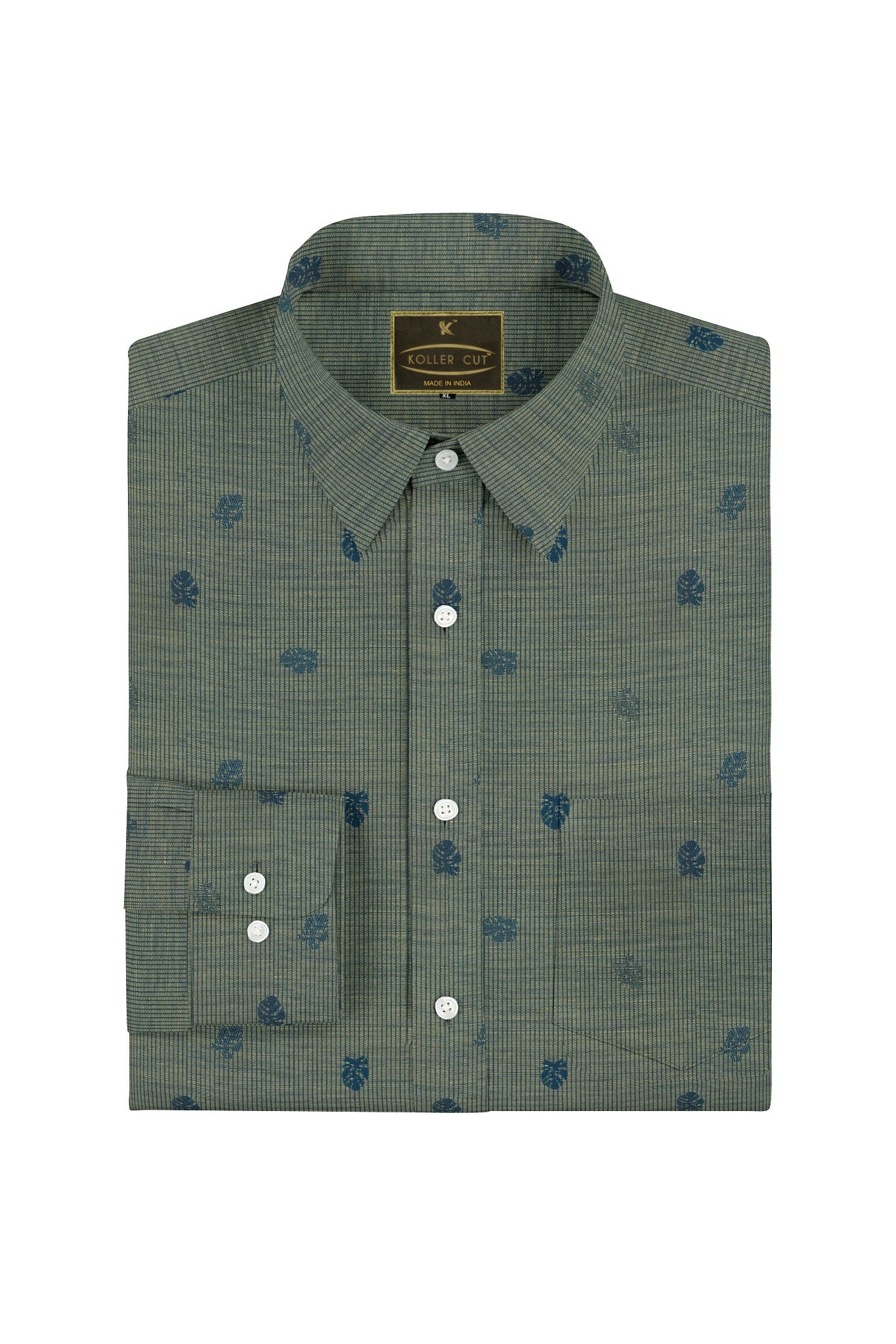 Prussian Blue and Light Fawn Jacquard Leaf Printed Pinstriped Giza Cotton Shirt