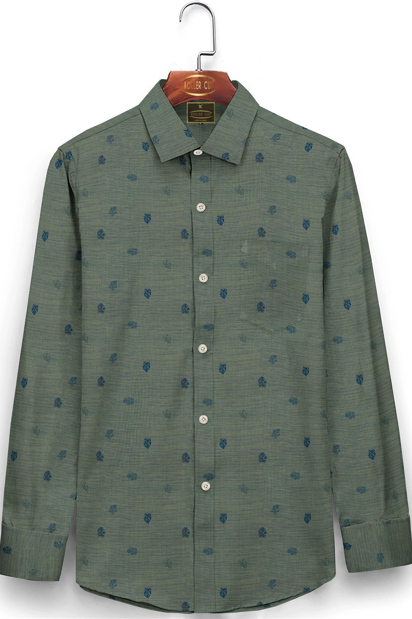 Prussian Blue and Light Fawn Jacquard Leaf Printed Pinstriped Giza Cotton Shirt