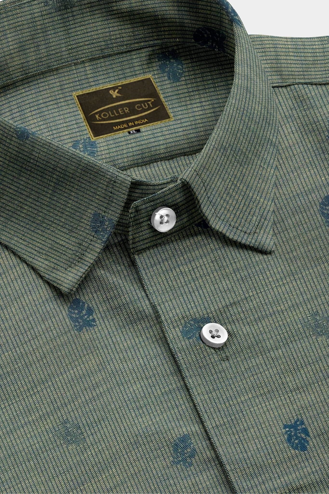 Prussian Blue and Light Fawn Jacquard Leaf Printed Pinstriped Giza Cotton Shirt