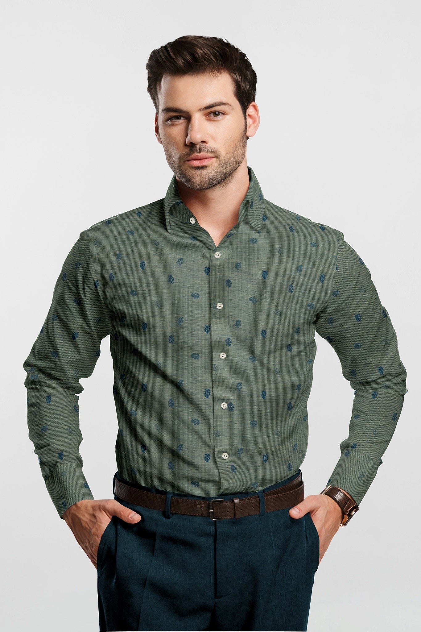 Prussian Blue and Light Fawn Jacquard Leaf Printed Pinstriped Giza Cotton Shirt
