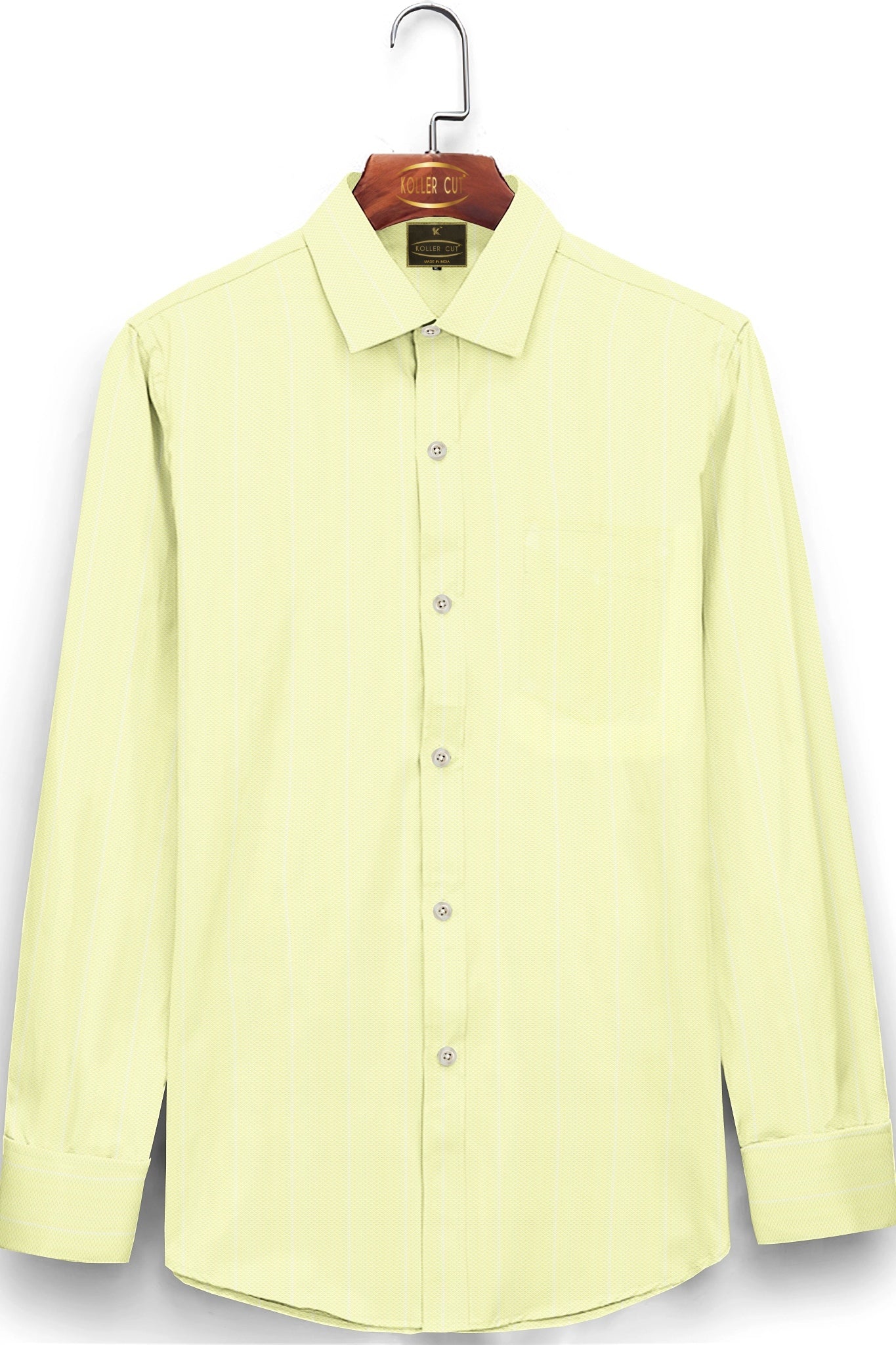 Pastel Yellow and White Wide Stripes Dobby Textured Cotton Shirt