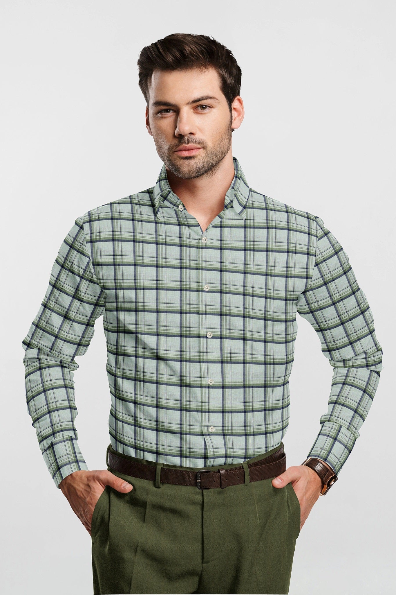 Mint Green and Aegean Blue Checks Giza Cotton Shirt