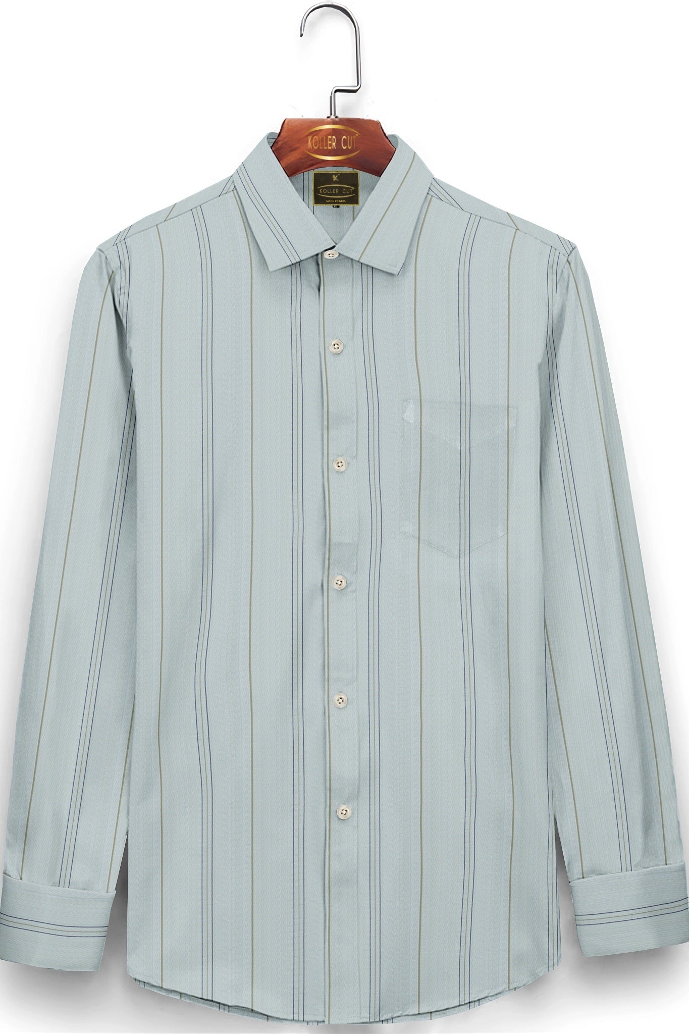 Pastel Mint Green with Cedar Brown and Navy Hairline Stripes Giza Cotton Shirt