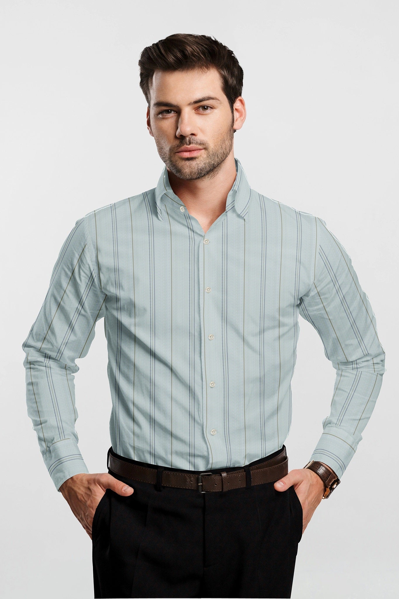 Pastel Mint Green with Cedar Brown and Navy Hairline Stripes Giza Cotton Shirt